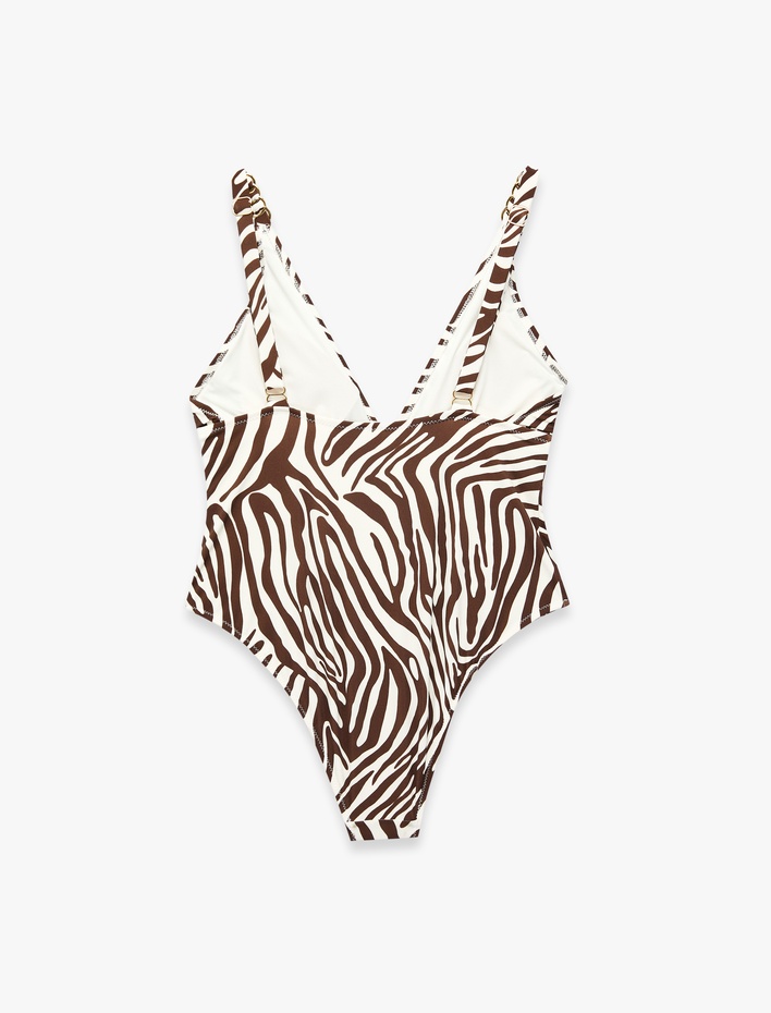  V Yaka Metal Aksesuarlı Zebra Desenli Mayo