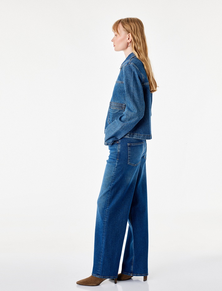  Pamuklu Regular Fit Kısa Geniş Paça Denim Pantolon - Culotte Jeans