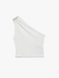 Bürümcük Kumaş Dokulu Slim Fit Metal Aksesuarlı Tek Omuz Bluz