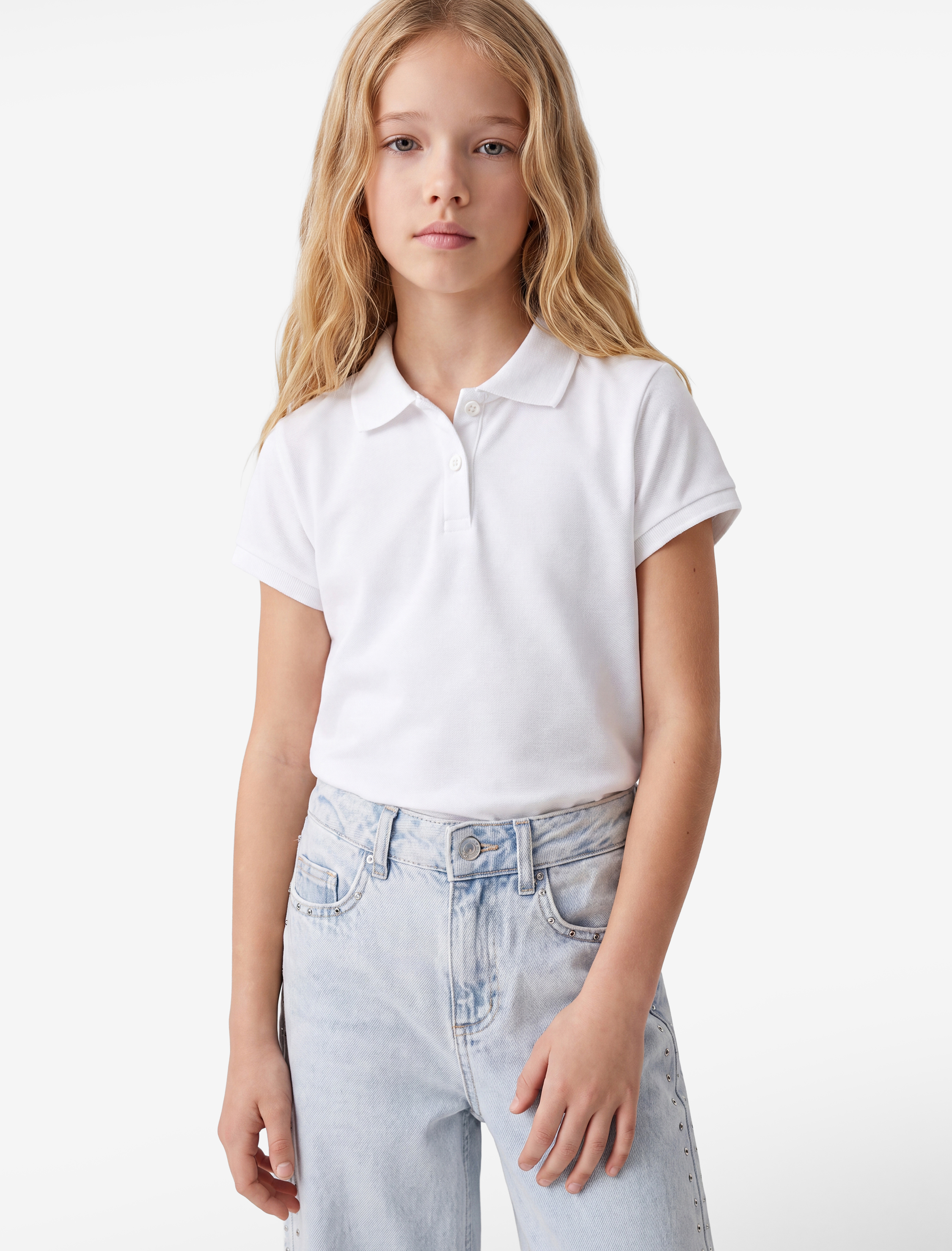  Kız Çocuk Pamuklu Kısa Kollu Basic Polo Yaka Tişört