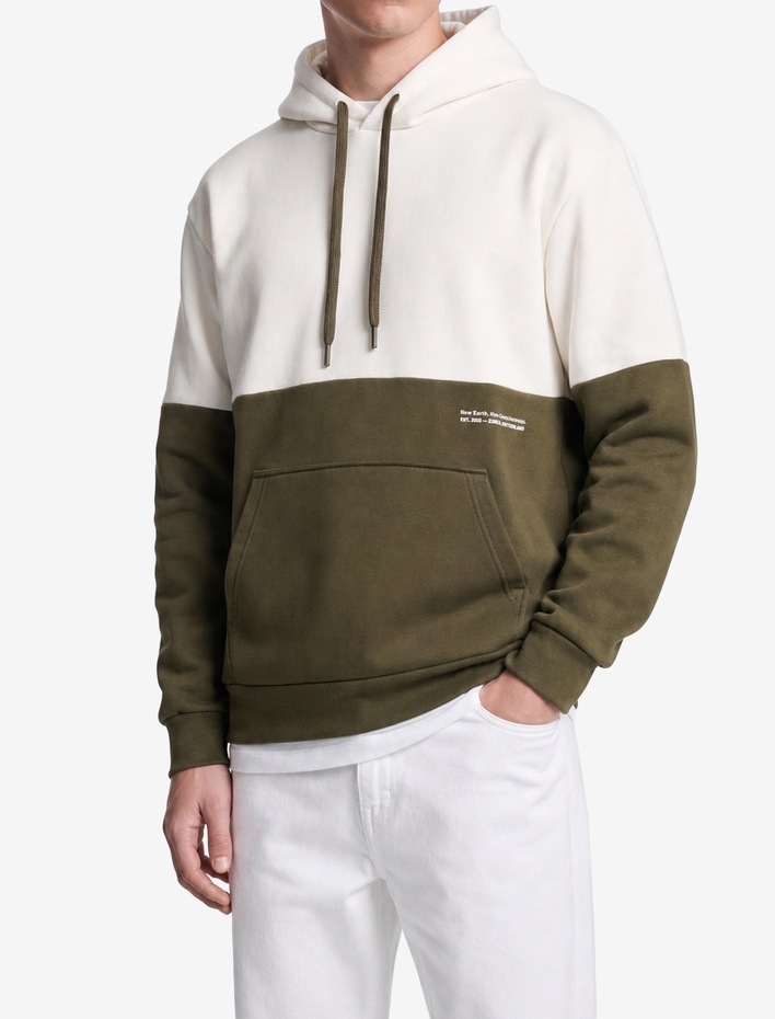  Kapşonlu Renk Bloklu Pamuklu Şardonlu Oversize Kanguru Cepli Hoodie