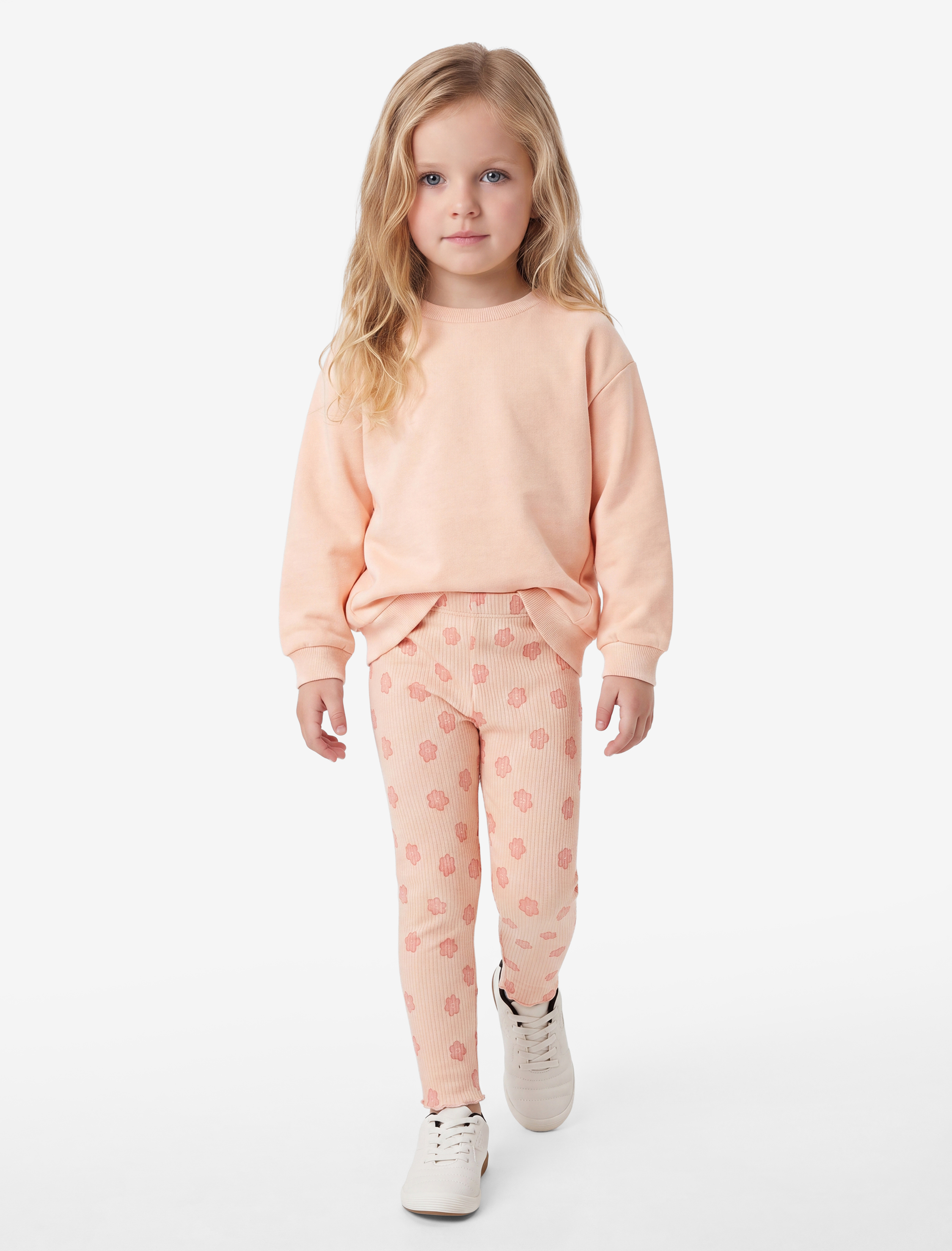  Kız Bebek Pamuklu Bisiklet Yaka Uzun Kollu Şardonlu Sweatshirt ve Ribanalı Çiçekli Tayt Seti