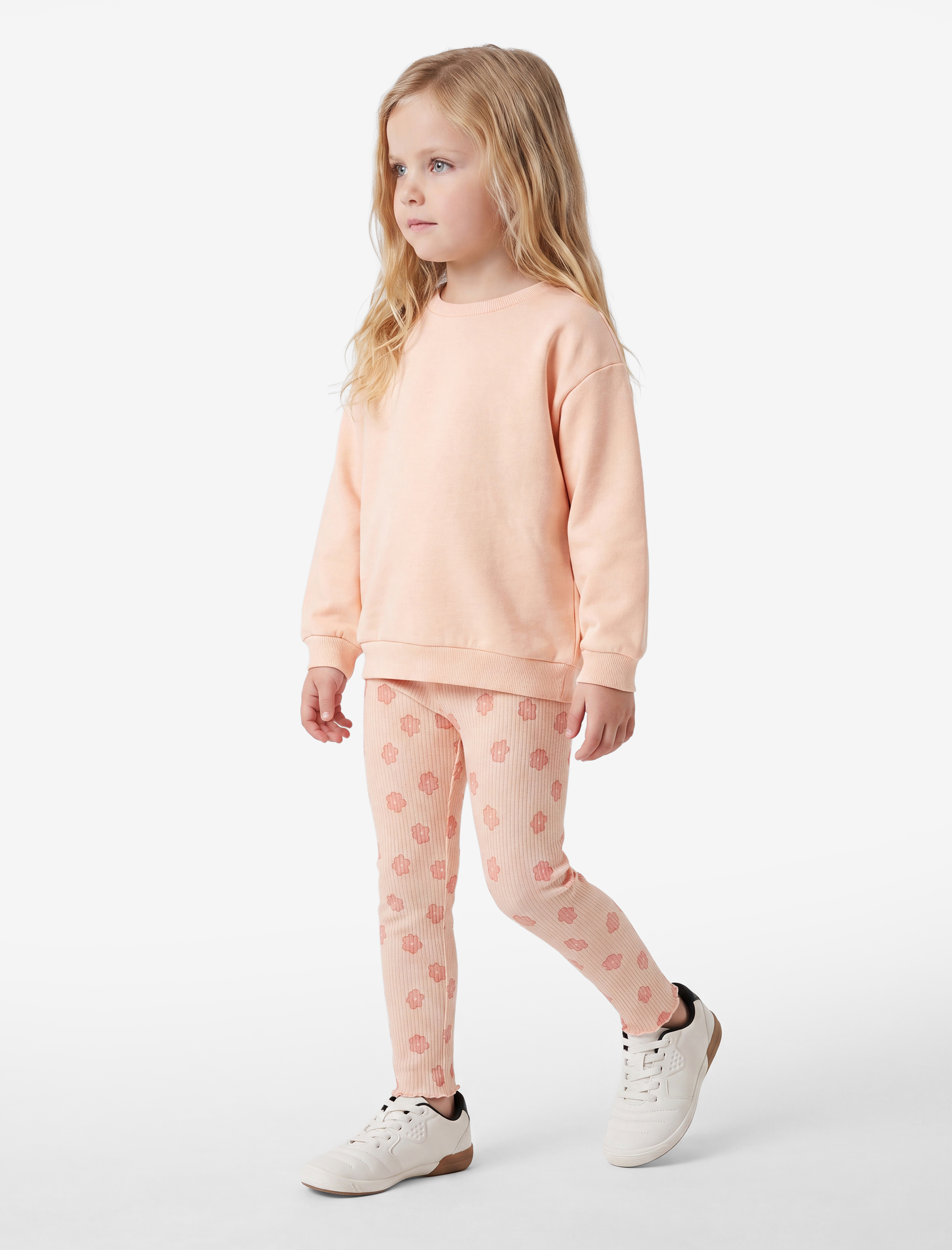  Kız Bebek Pamuklu Bisiklet Yaka Uzun Kollu Şardonlu Sweatshirt ve Ribanalı Çiçekli Tayt Seti
