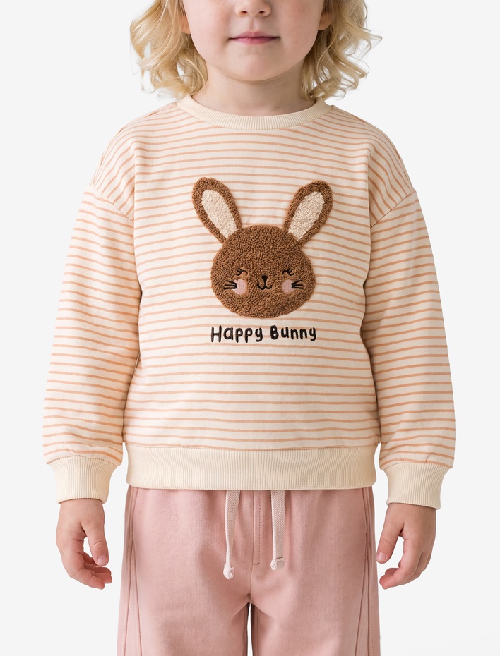 Kız Bebek Uzun Kollu Bisiklet Yaka Şardonlu Pamuklu Çizgili Sweatshirt