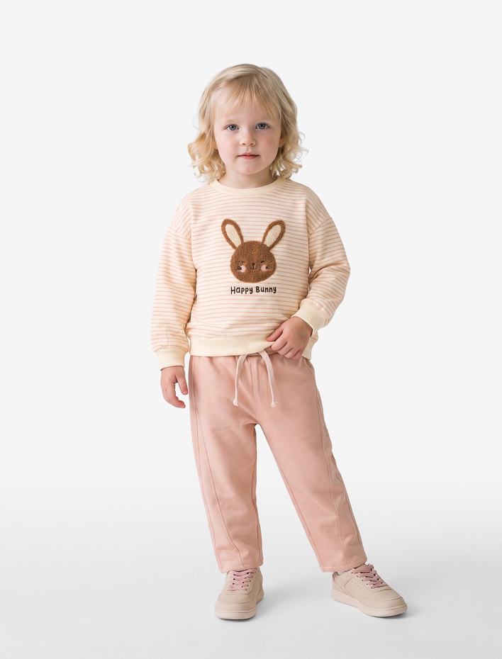 Kız Bebek Uzun Kollu Bisiklet Yaka Şardonlu Pamuklu Çizgili Sweatshirt