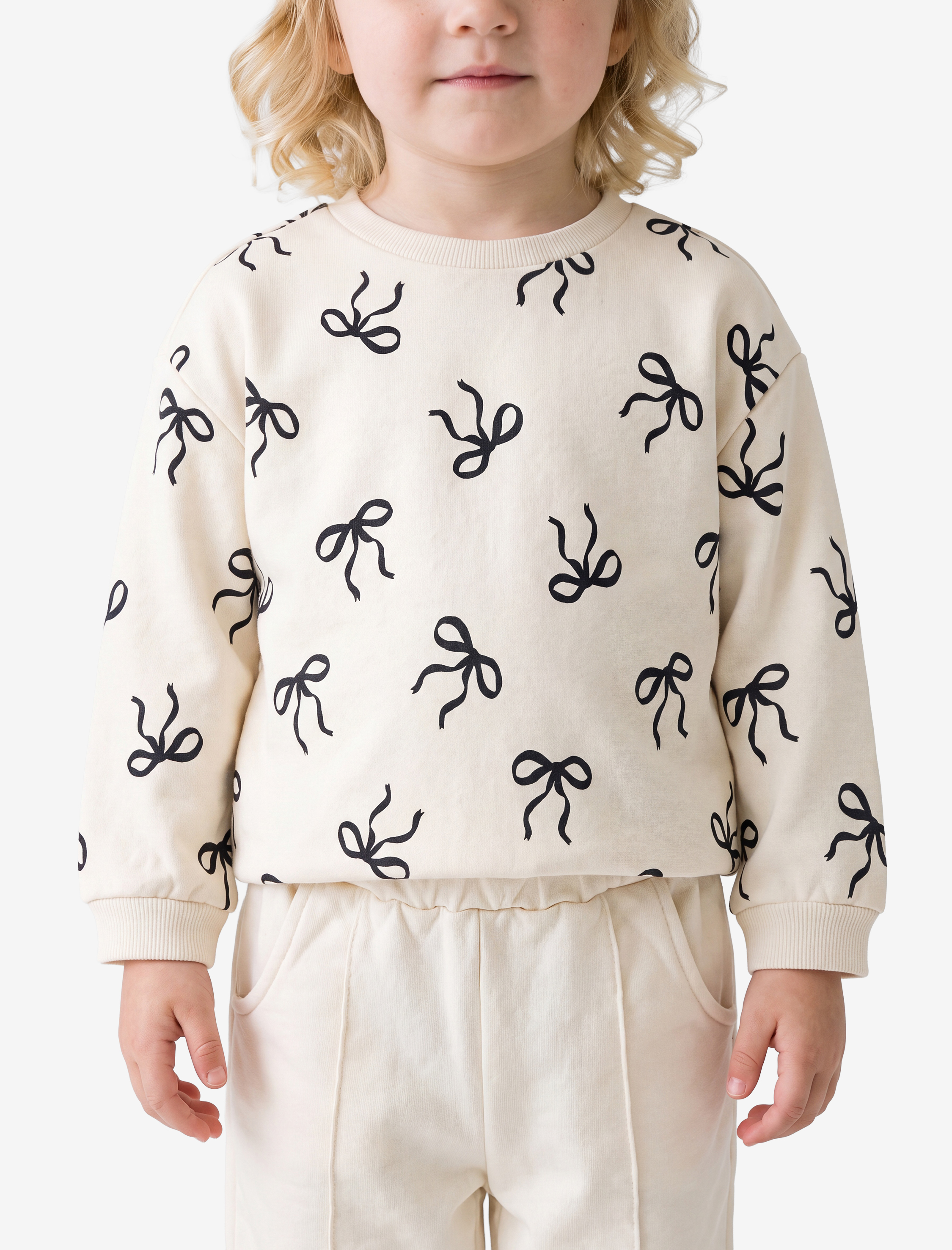  Kız Bebek Fiyonk Baskılı Uzun Kollu Bisiklet Yaka Pamuklu Şardonlu Sweatshirt