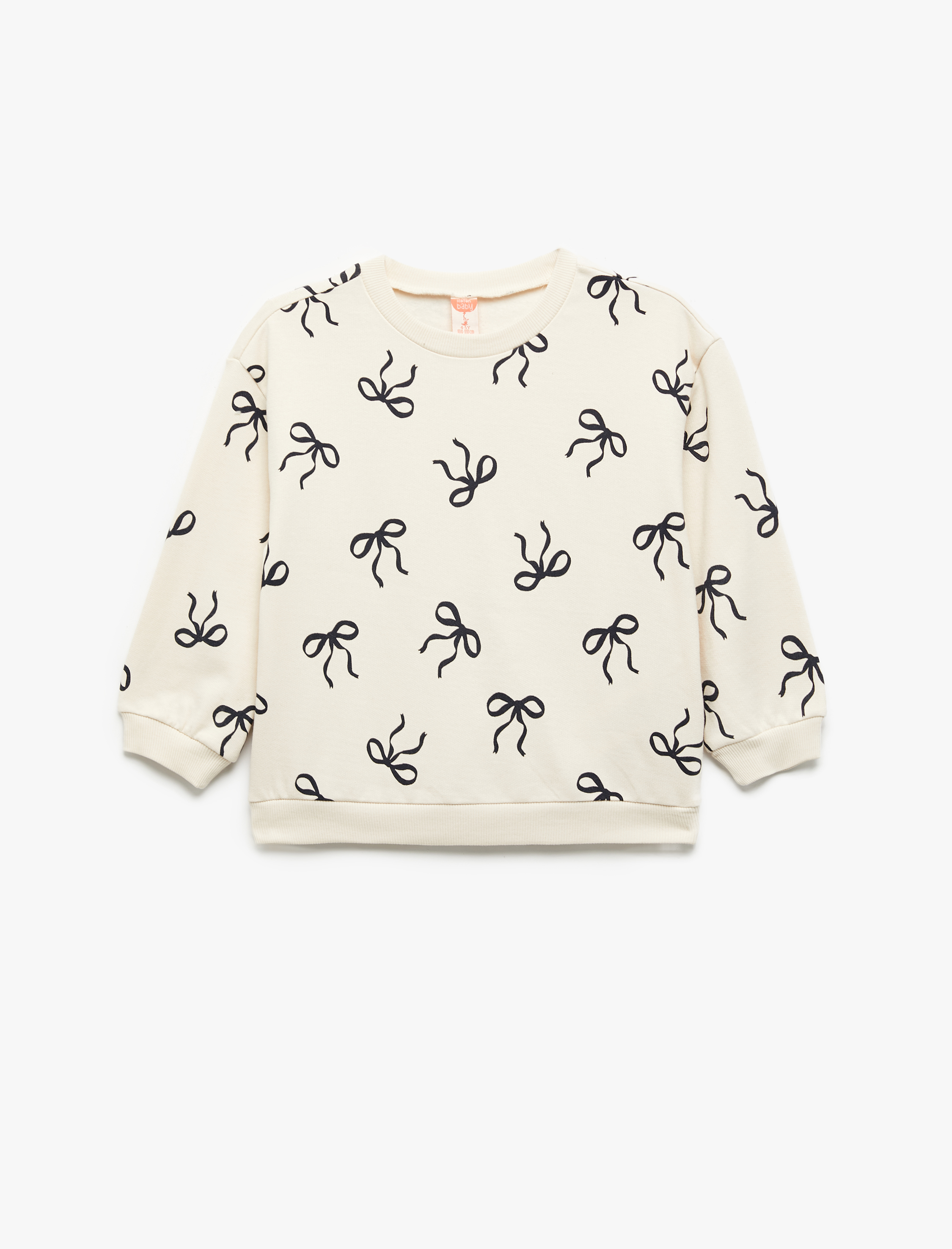  Kız Bebek Fiyonk Baskılı Uzun Kollu Bisiklet Yaka Pamuklu Şardonlu Sweatshirt