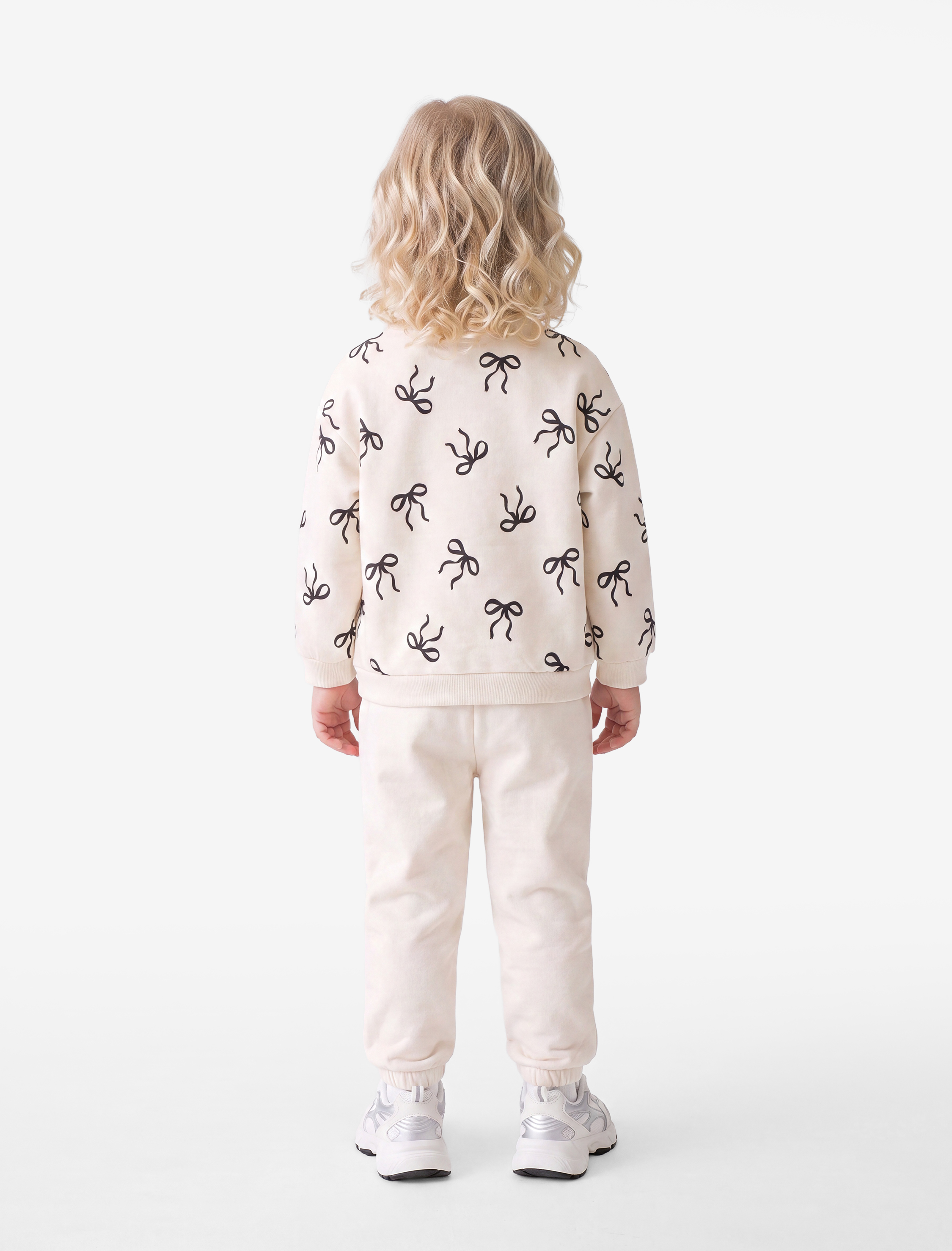  Kız Bebek Fiyonk Baskılı Uzun Kollu Bisiklet Yaka Pamuklu Şardonlu Sweatshirt