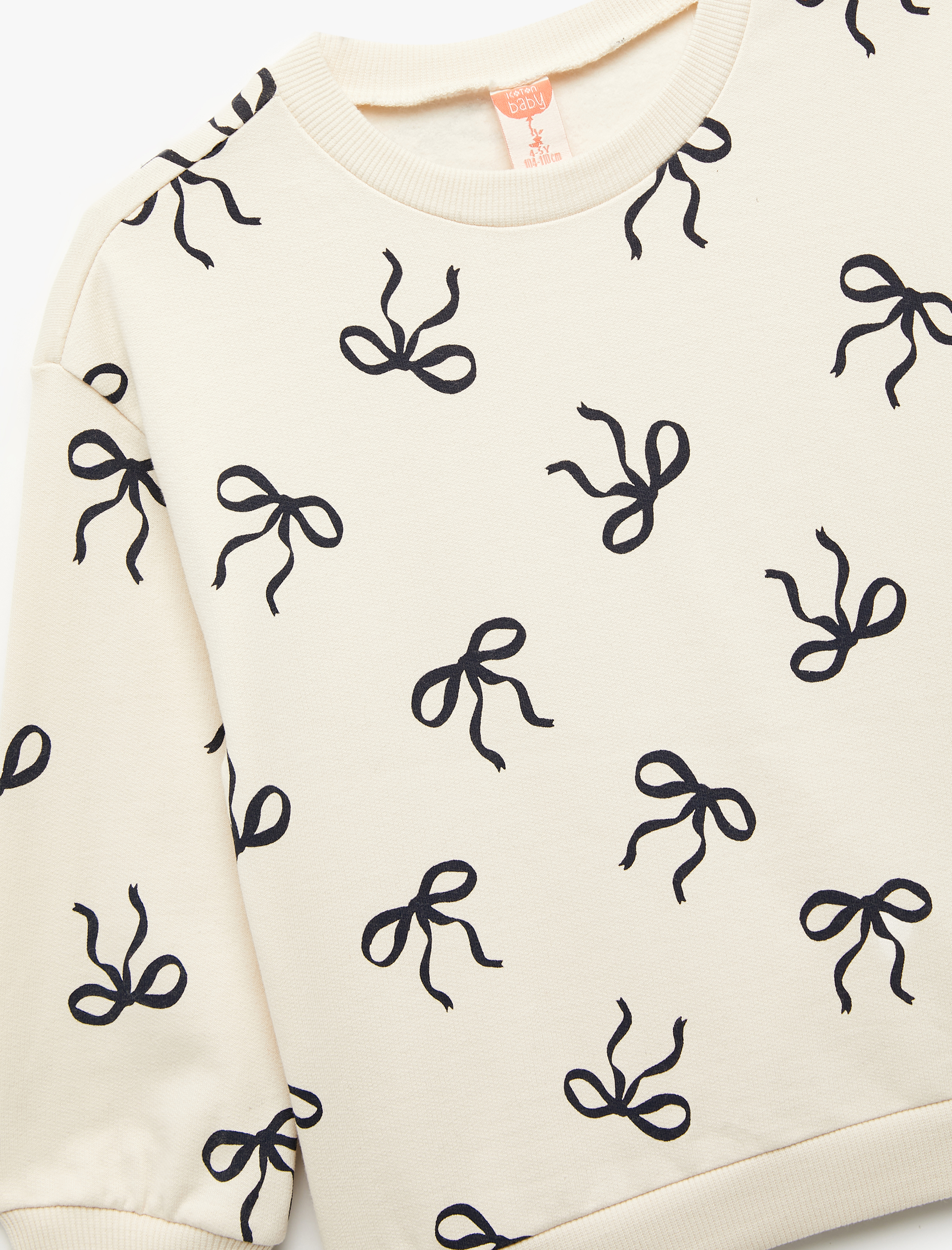  Kız Bebek Fiyonk Baskılı Uzun Kollu Bisiklet Yaka Pamuklu Şardonlu Sweatshirt