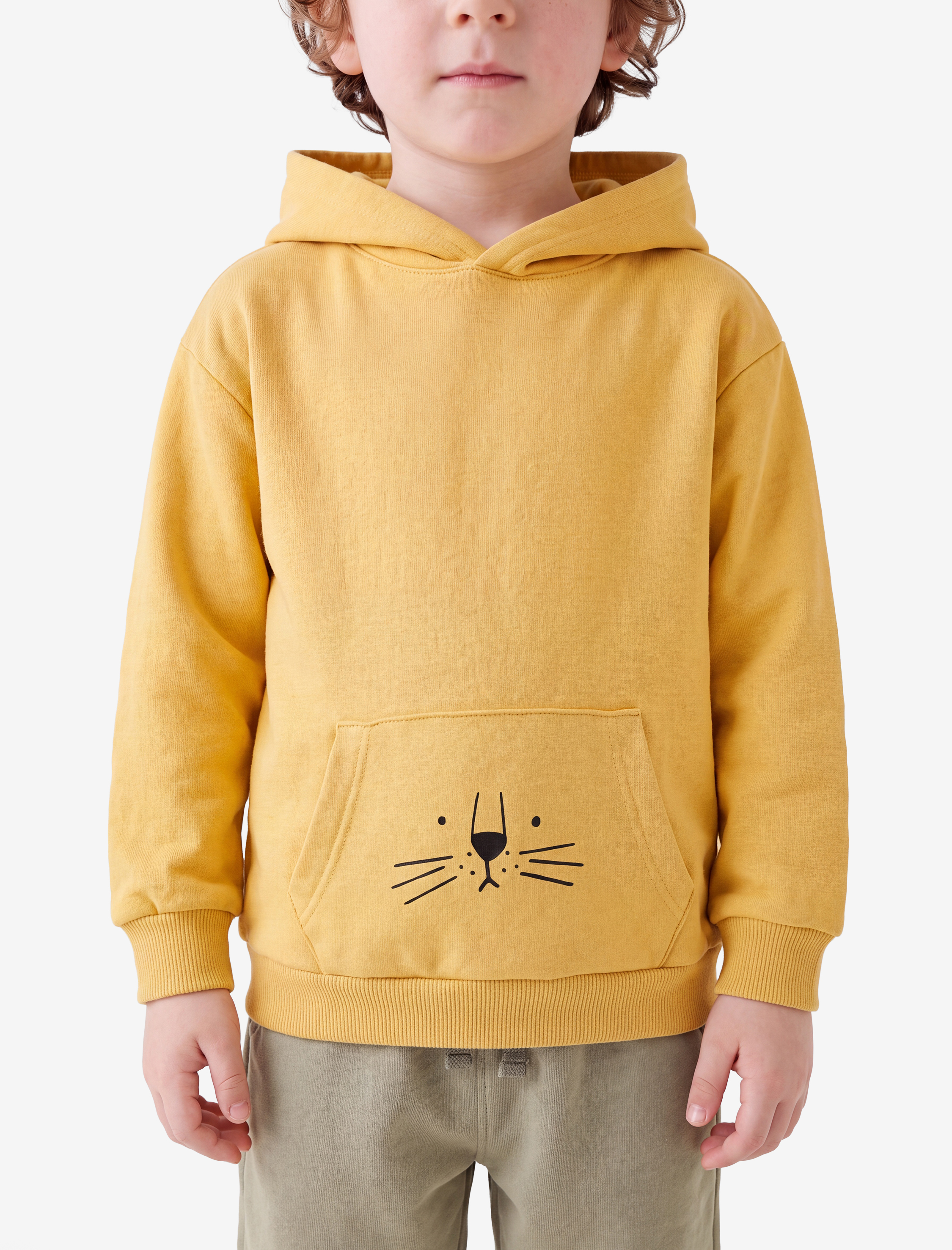  Erkek Bebek Şardonlu Uzun Kollu Kanguru cepli Aslan Baskılı Kapşonlu Sweatshirt