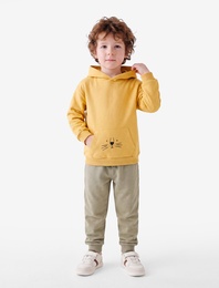 Şardonlu Uzun Kollu Kanguru cepli Aslan Baskılı Kapşonlu Sweatshirt