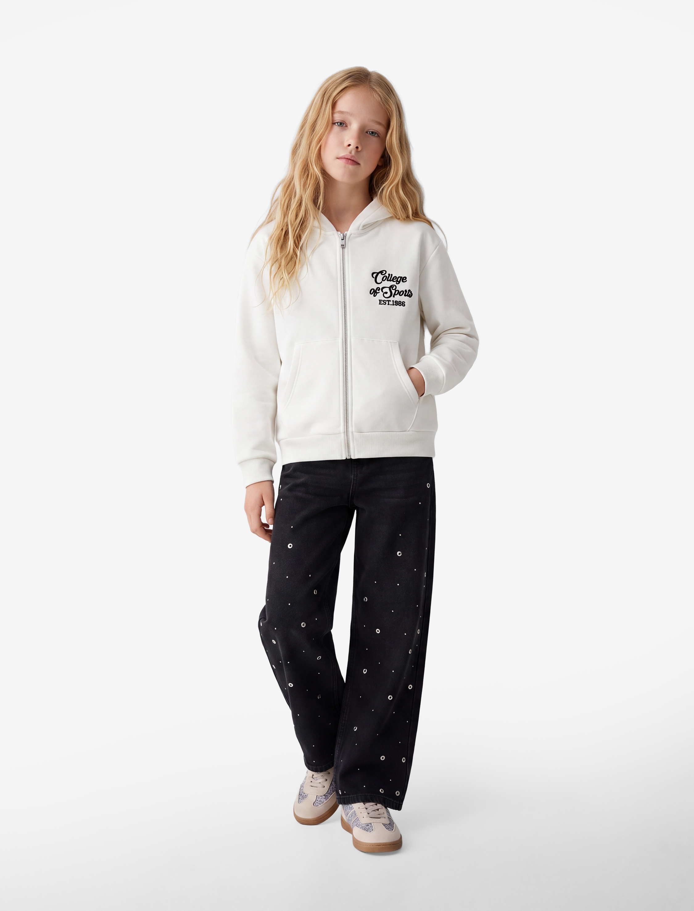  Kız Çocuk Şardonlu Uzun Kollu Kapşonlu Fermuarlı Sweatshirt