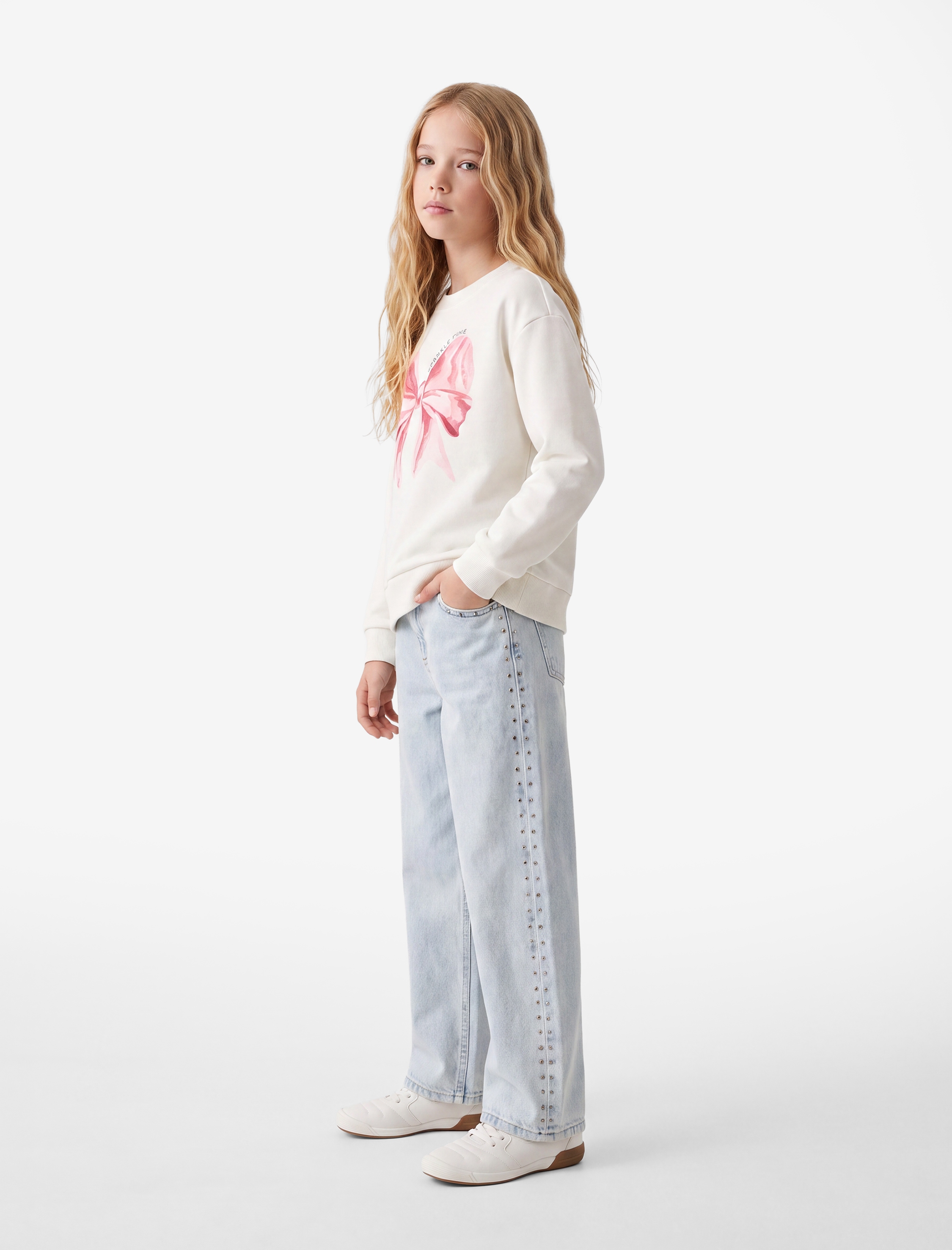  Kız Çocuk Uzun Kollu Bisiklet Yaka Şardonlu Fiyonk Baskılı Sweatshirt