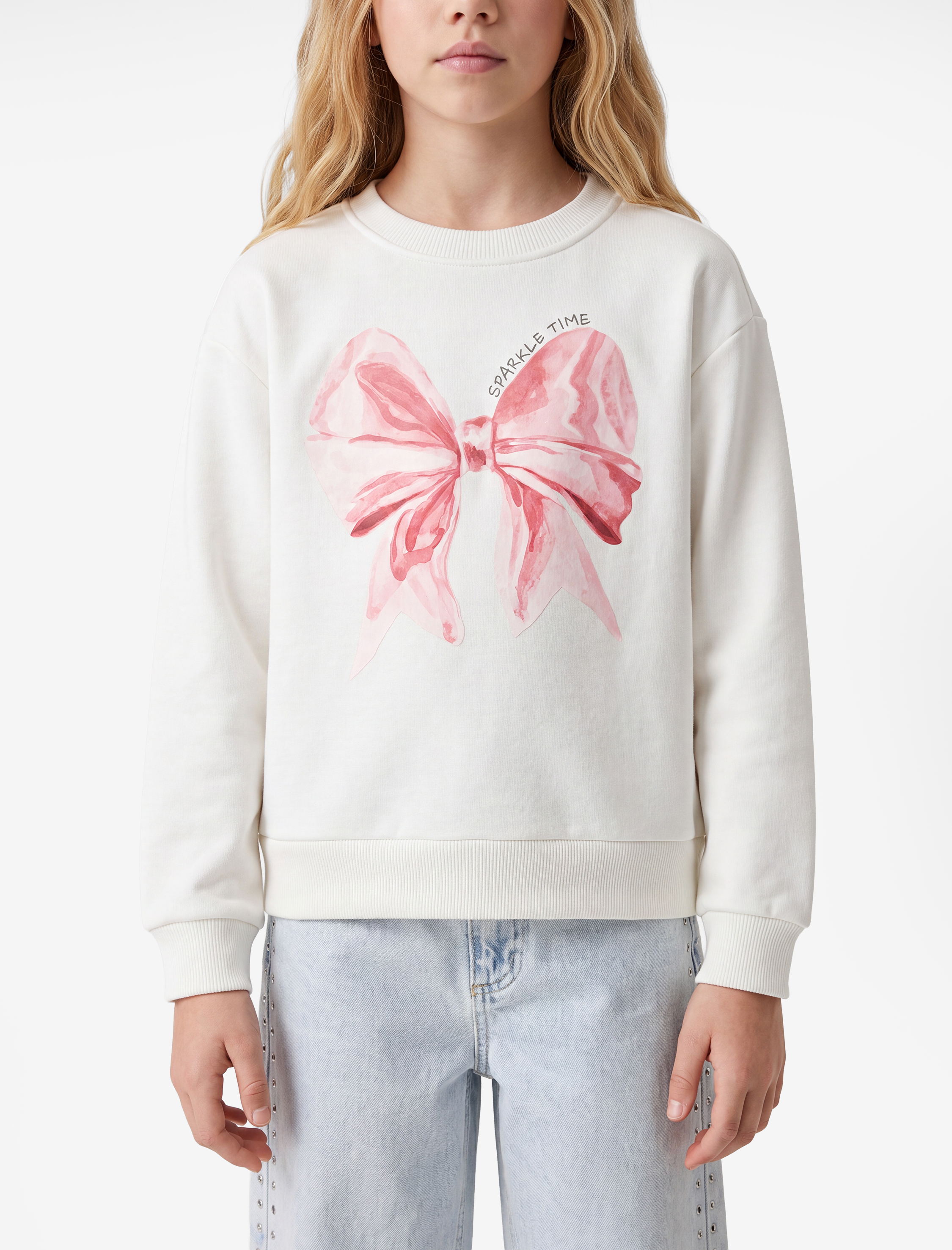  Kız Çocuk Uzun Kollu Bisiklet Yaka Şardonlu Fiyonk Baskılı Sweatshirt