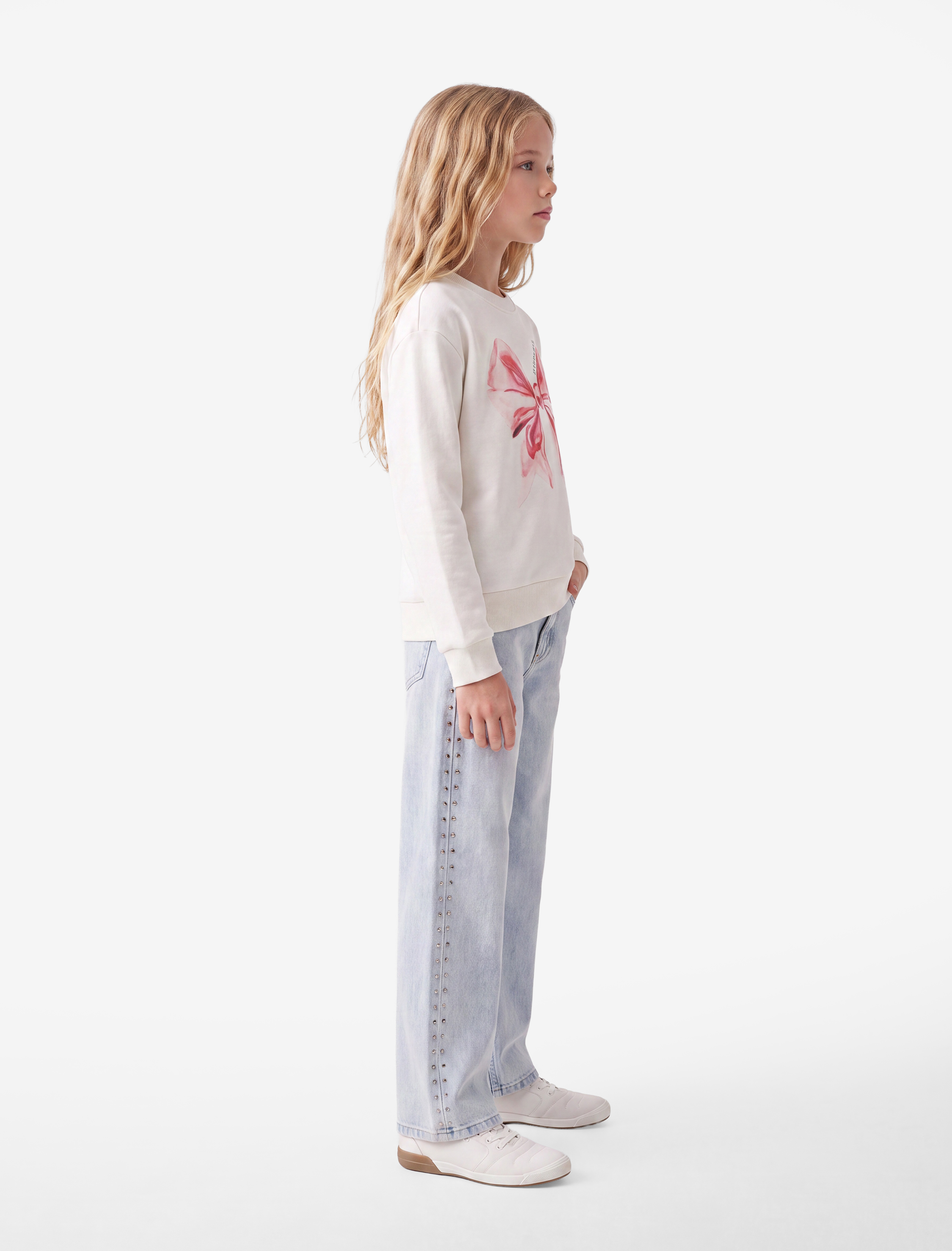  Kız Çocuk Uzun Kollu Bisiklet Yaka Şardonlu Fiyonk Baskılı Sweatshirt