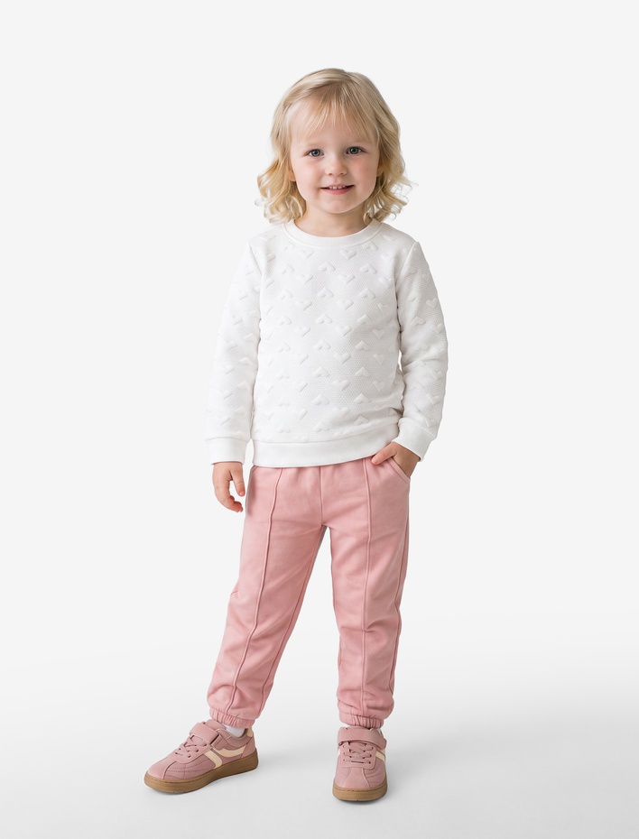 Kız Bebek Kalpli Uzun Kollu Bisiklet Yaka Sweatshirt