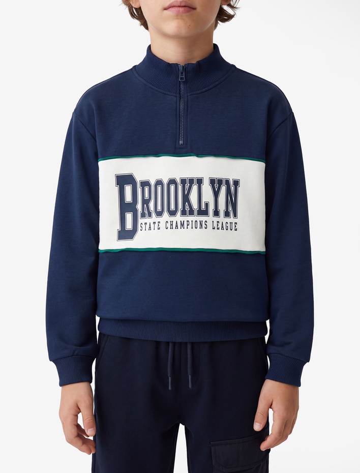 Erkek Çocuk Şardonlu Baskılı Uzun Kollu Fermuar Detaylı Dik Yaka Oversize Sweatshirt
