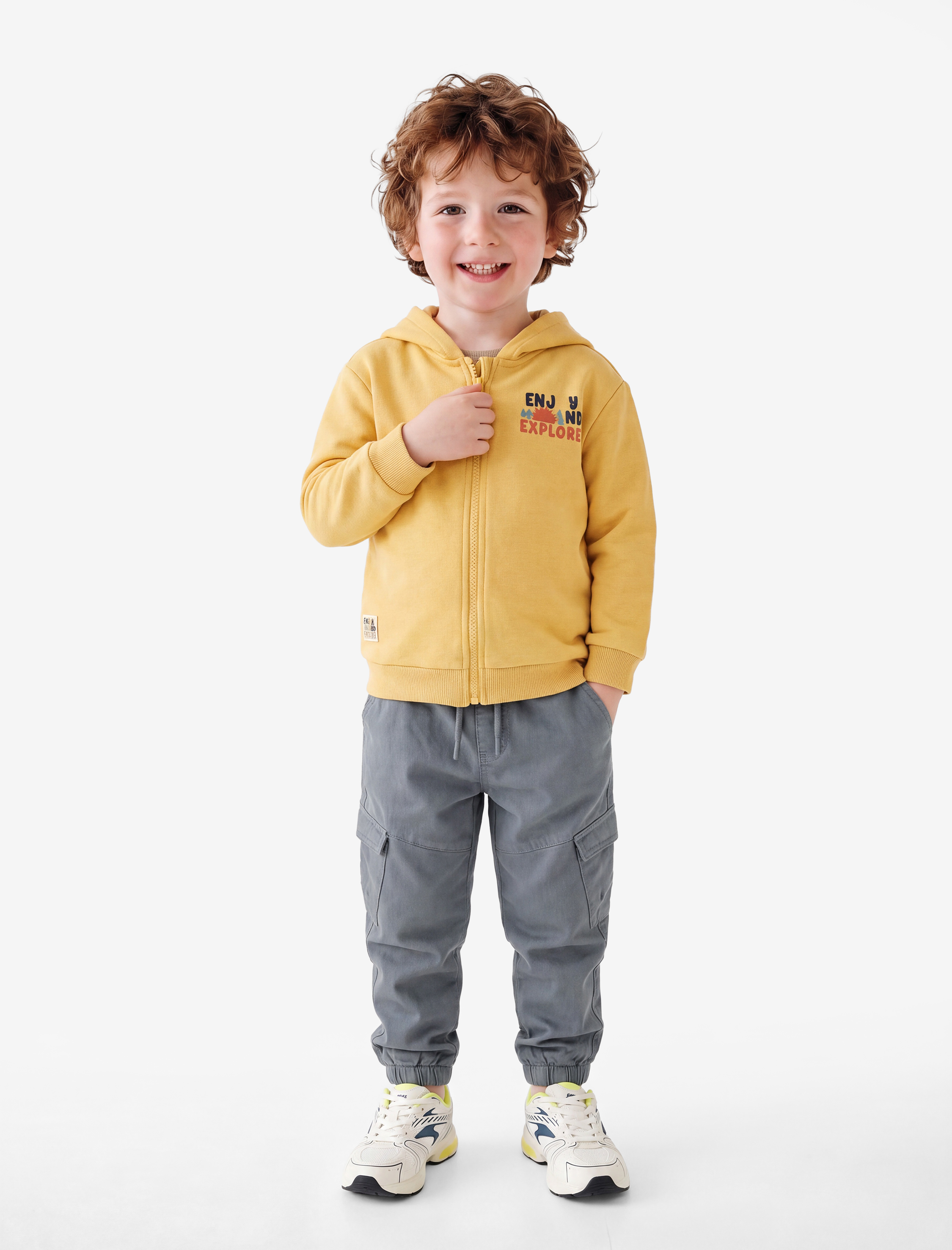 Erkek Bebek Uzun Kollu Bisiklet Yaka Fermuarlı Şardonlu Kapşonlu  Sweatshirt