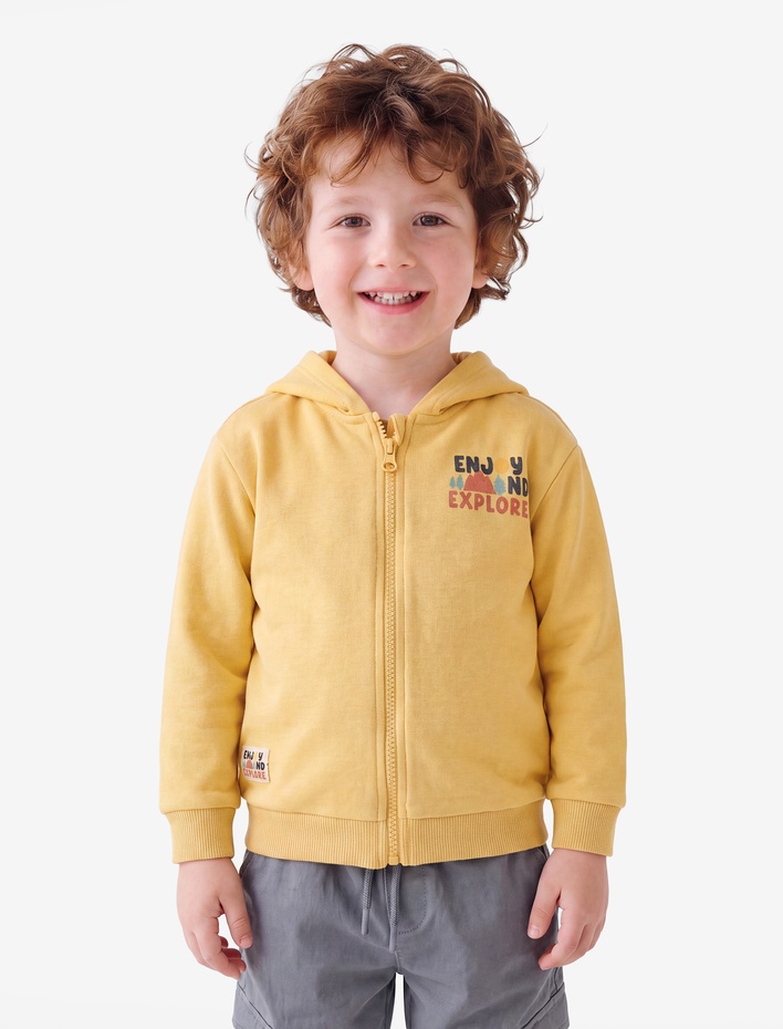 Erkek Bebek Uzun Kollu Bisiklet Yaka Fermuarlı Şardonlu Kapşonlu  Sweatshirt