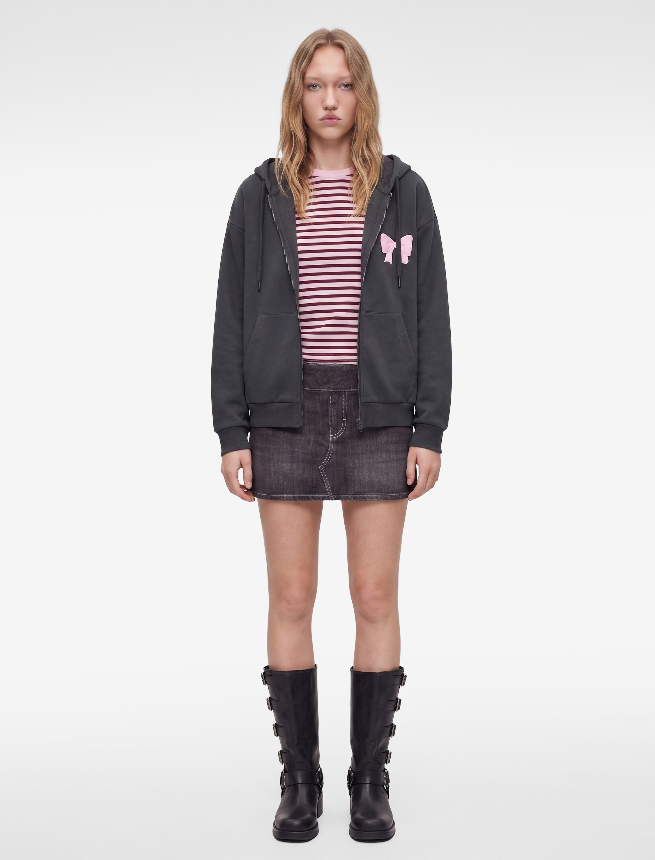   Fermuarlı Kapüşonlu Kanguru Cepli Arkası Fiyonk Baskılı Şardonlu Oversize Sweatshirt