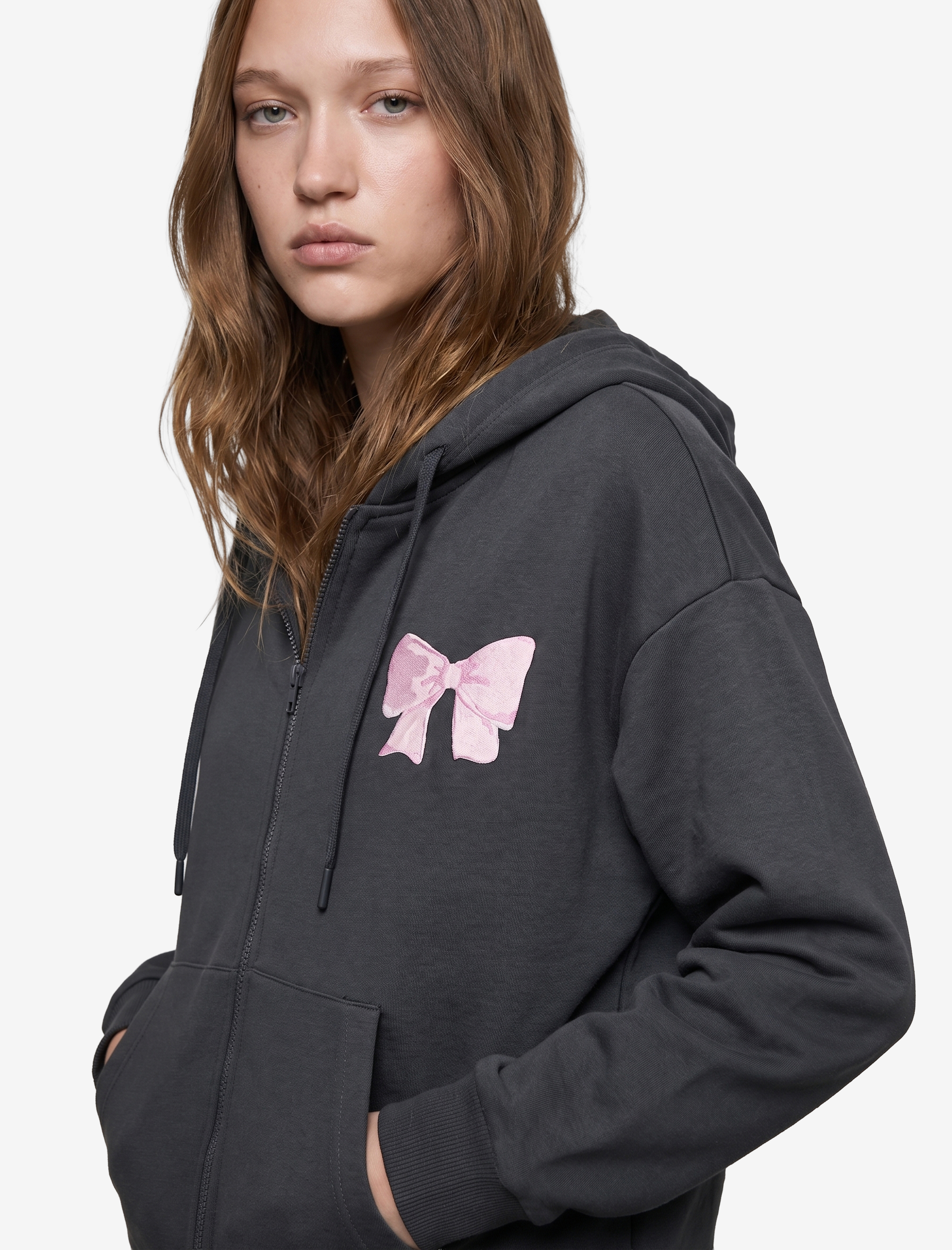   Fermuarlı Kapüşonlu Kanguru Cepli Arkası Fiyonk Baskılı Şardonlu Oversize Sweatshirt