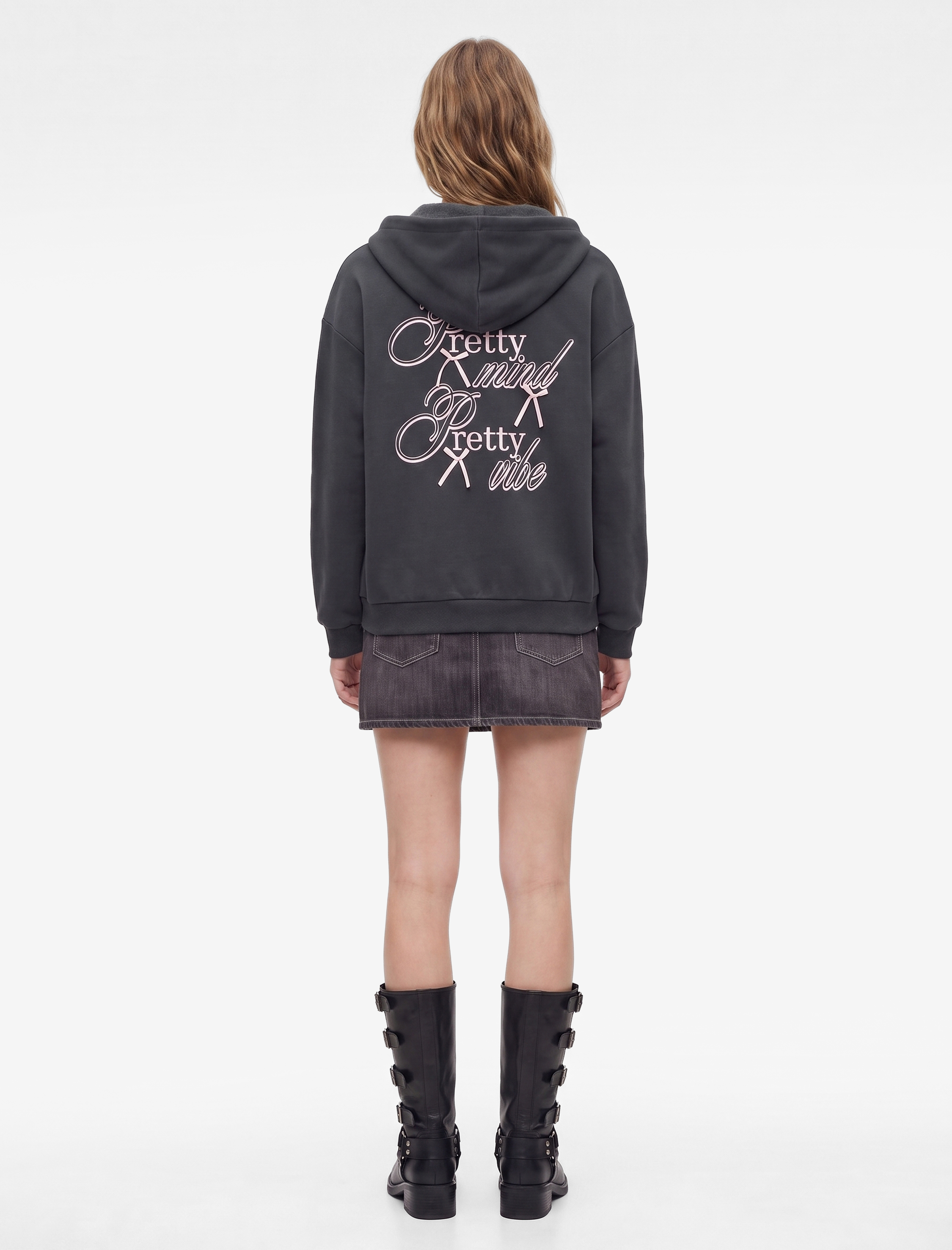   Fermuarlı Kapüşonlu Kanguru Cepli Arkası Fiyonk Baskılı Şardonlu Oversize Sweatshirt