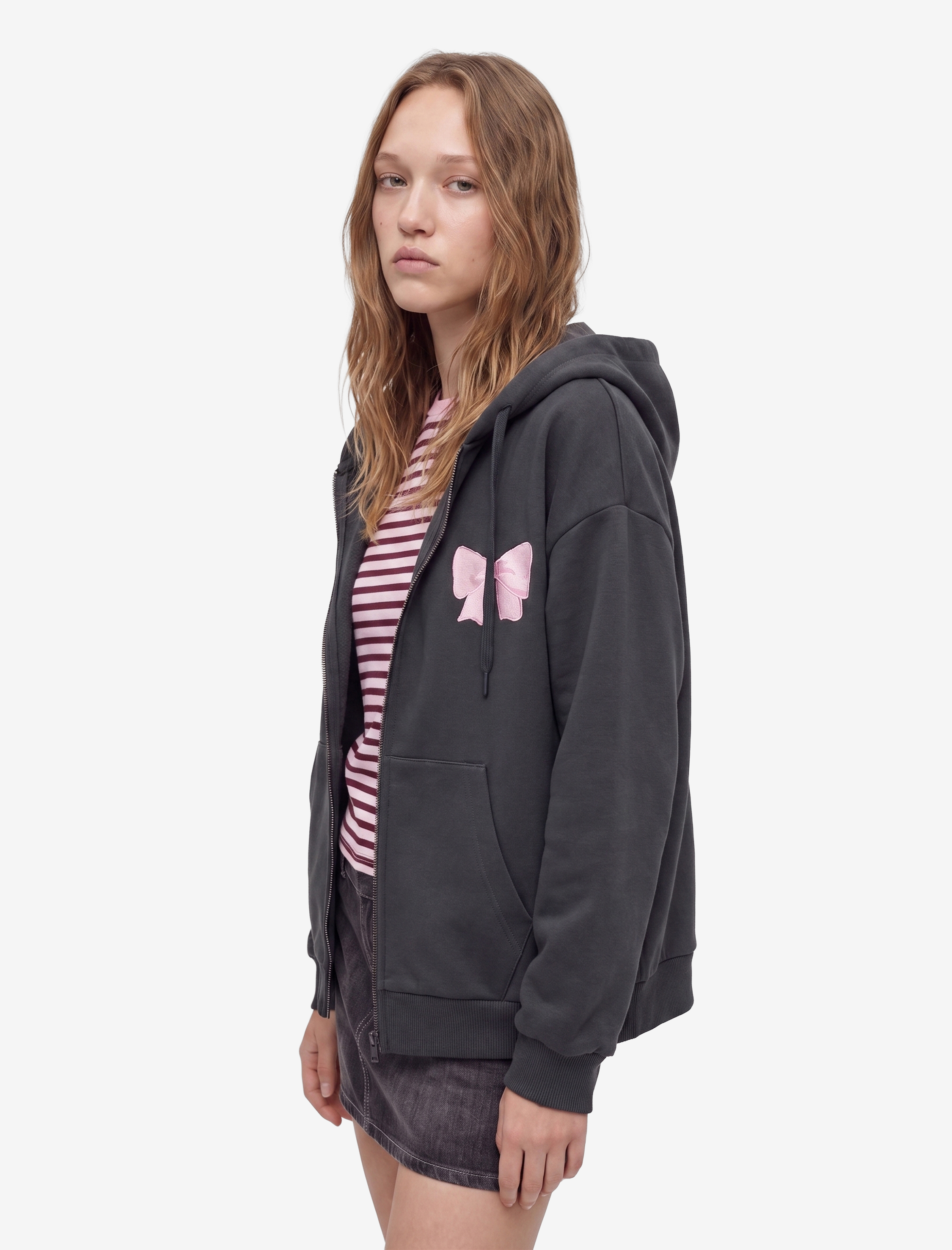   Fermuarlı Kapüşonlu Kanguru Cepli Arkası Fiyonk Baskılı Şardonlu Oversize Sweatshirt