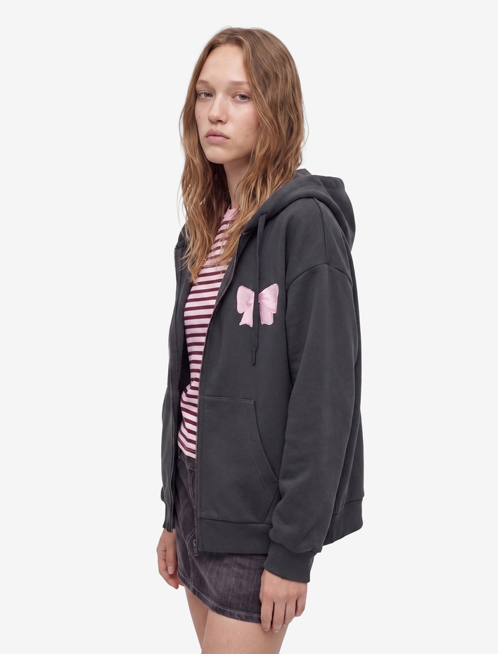 Fermuarlı Kapüşonlu Kanguru Cepli Arkası Fiyonk Baskılı Şardonlu Oversize Sweatshirt