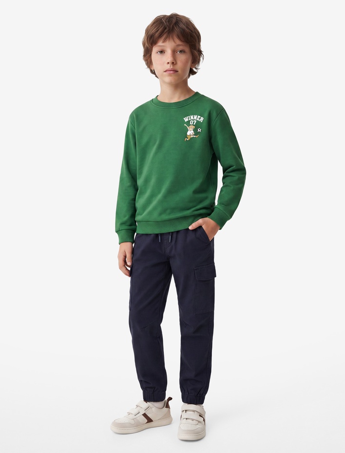Erkek Çocuk Pamuklu Uzun Kollu Bisiklet Yaka Baskılı Şardonlu Sweatshirt