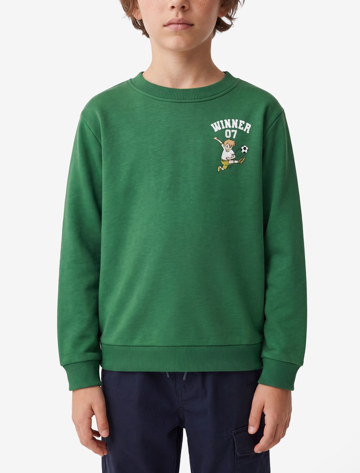 Erkek Çocuk Pamuklu Uzun Kollu Bisiklet Yaka Baskılı Şardonlu Sweatshirt