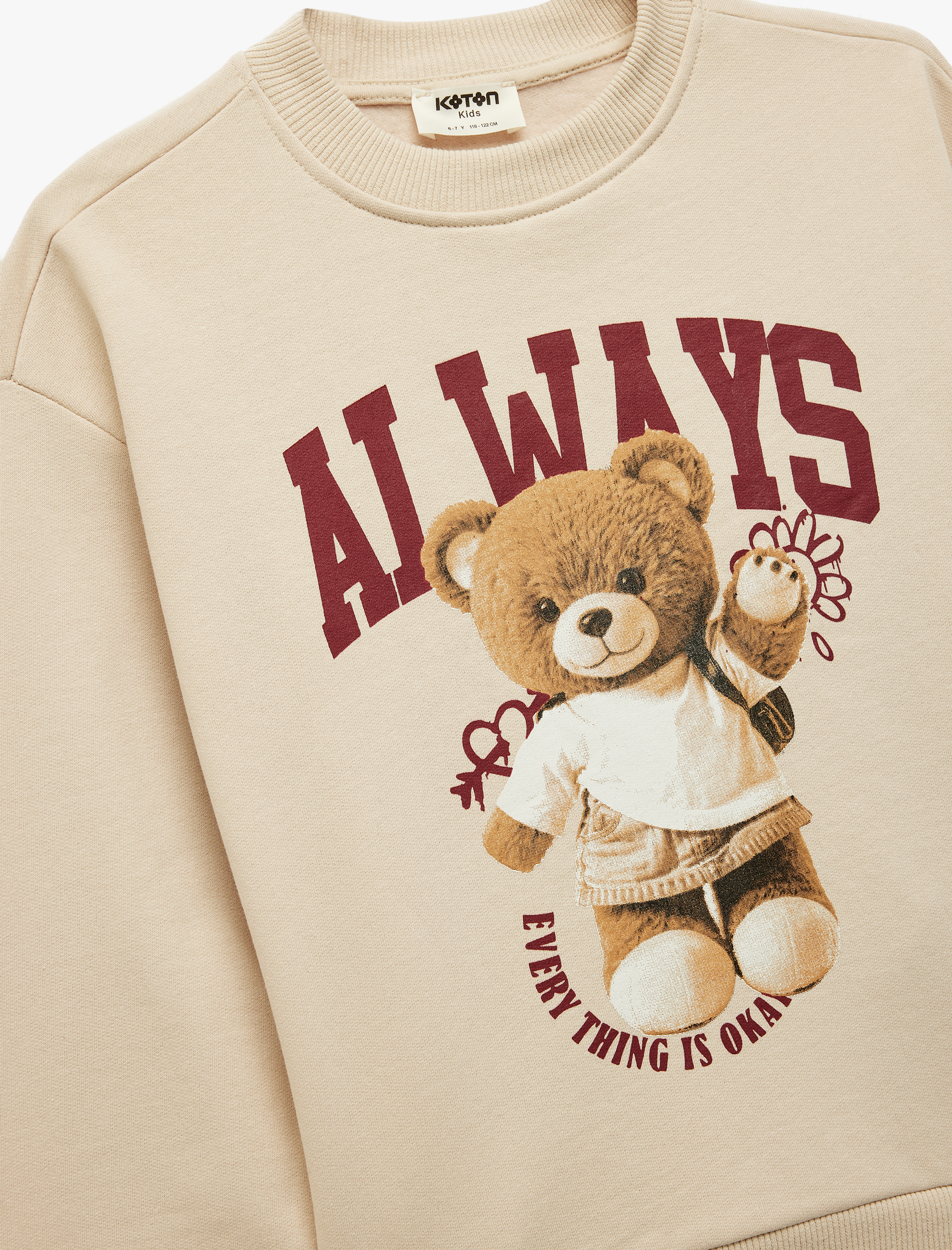  Kız Çocuk Pamuklu Uzun Kollu Bisiklet Yaka Ayıcık Baskılı Şardonlu Sweatshirt