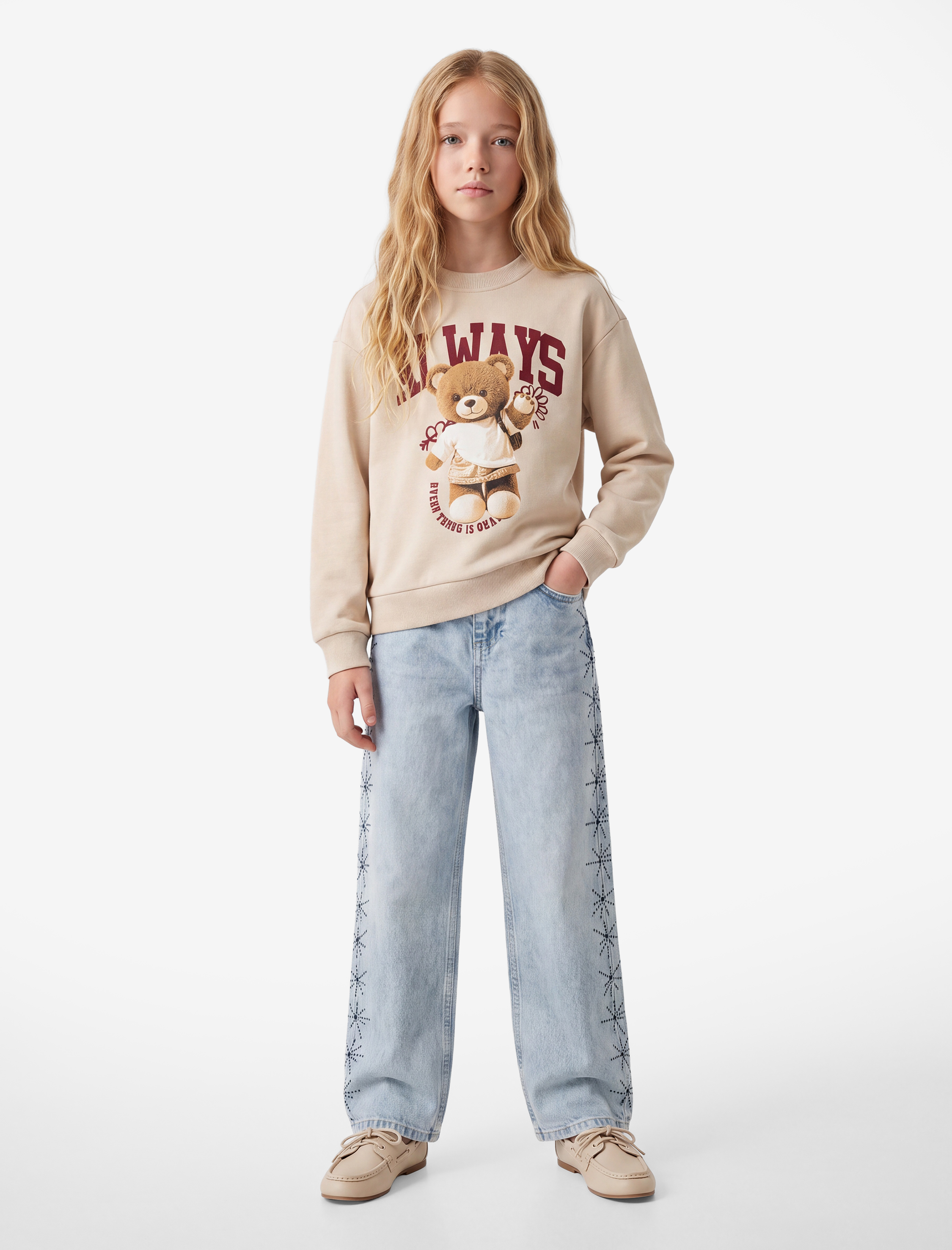  Kız Çocuk Pamuklu Uzun Kollu Bisiklet Yaka Ayıcık Baskılı Şardonlu Sweatshirt