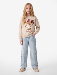 Pamuklu Uzun Kollu Bisiklet Yaka Ayıcık Baskılı Şardonlu Sweatshirt