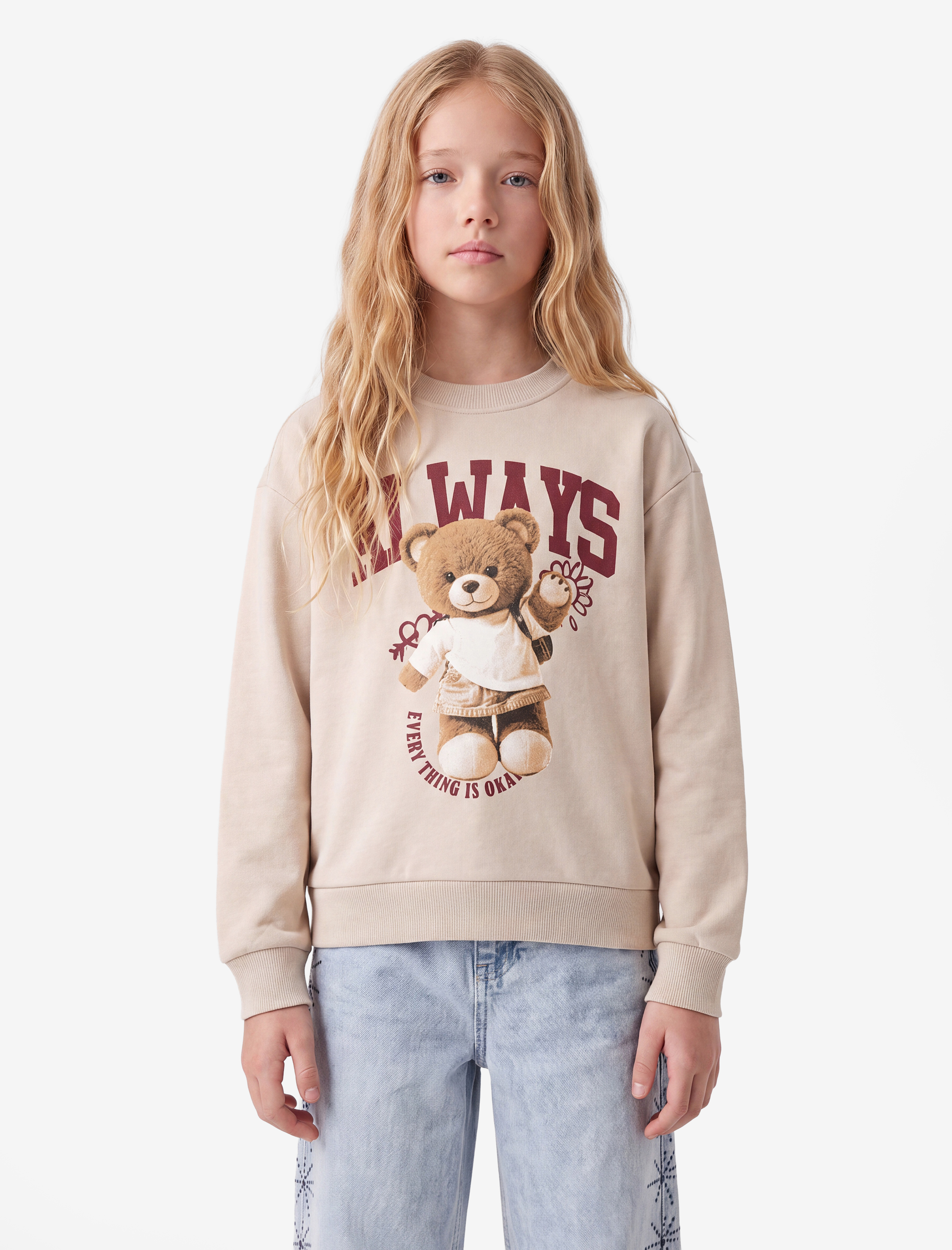  Kız Çocuk Pamuklu Uzun Kollu Bisiklet Yaka Ayıcık Baskılı Şardonlu Sweatshirt