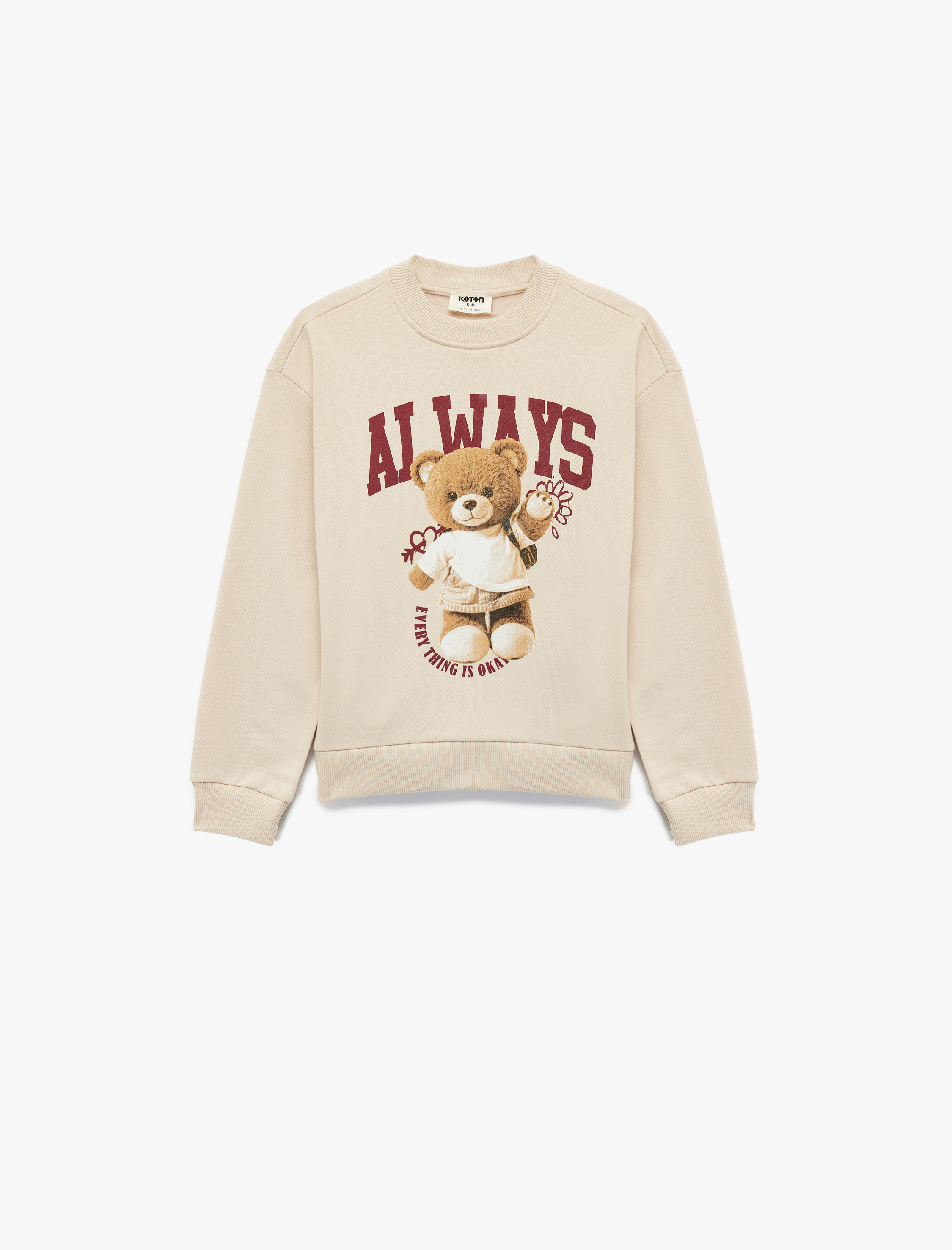  Kız Çocuk Pamuklu Uzun Kollu Bisiklet Yaka Ayıcık Baskılı Şardonlu Sweatshirt