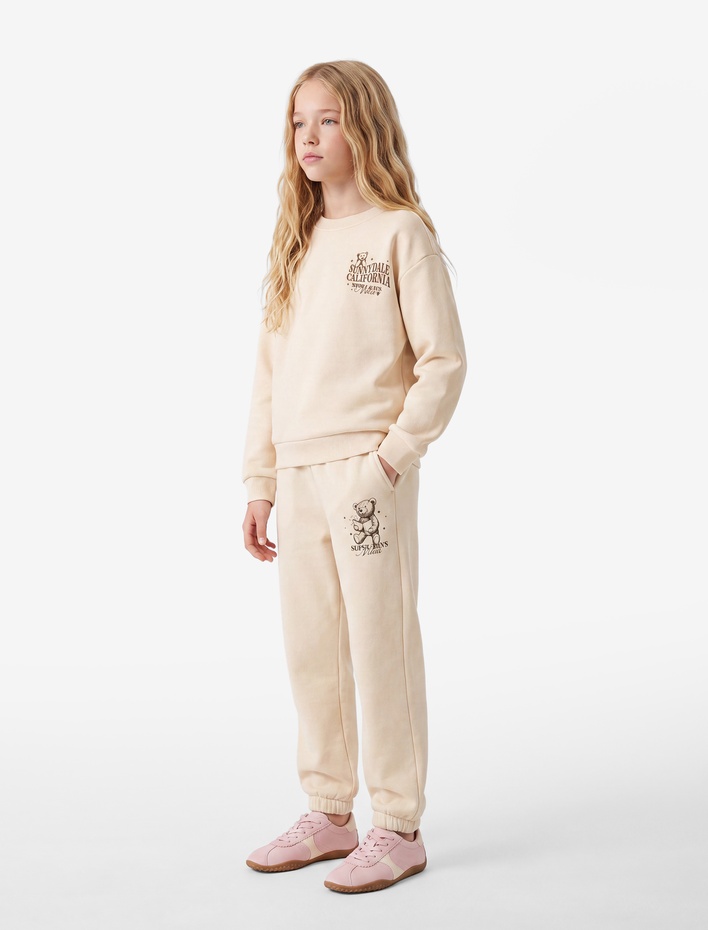 Kız Çocuk Uzun Kollu Bisiklet Yaka Arkası Ayıcık Baskılı Şardonlu Sweatshirt