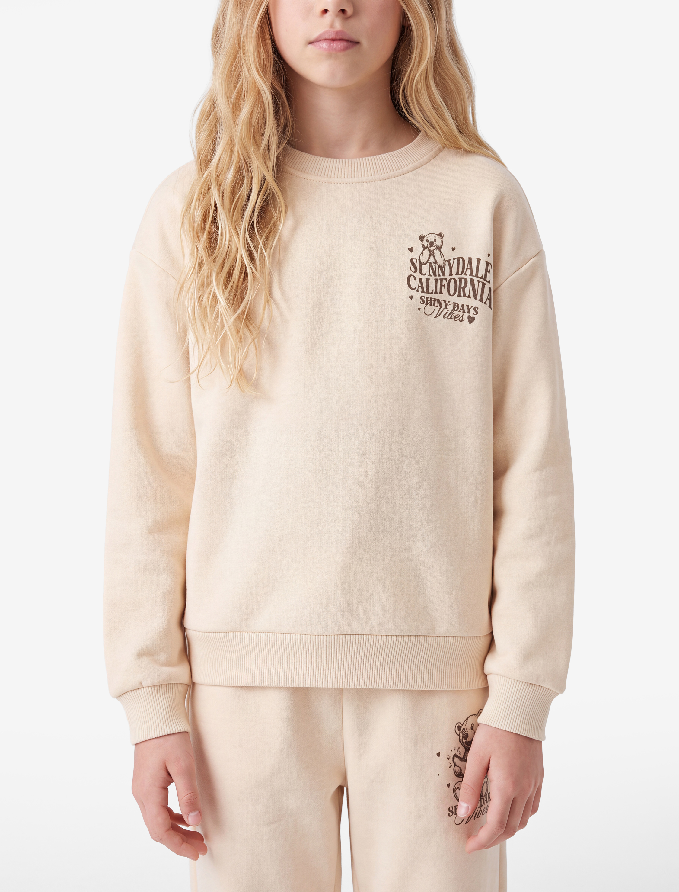  Kız Çocuk Uzun Kollu Bisiklet Yaka Arkası Ayıcık Baskılı Şardonlu Sweatshirt