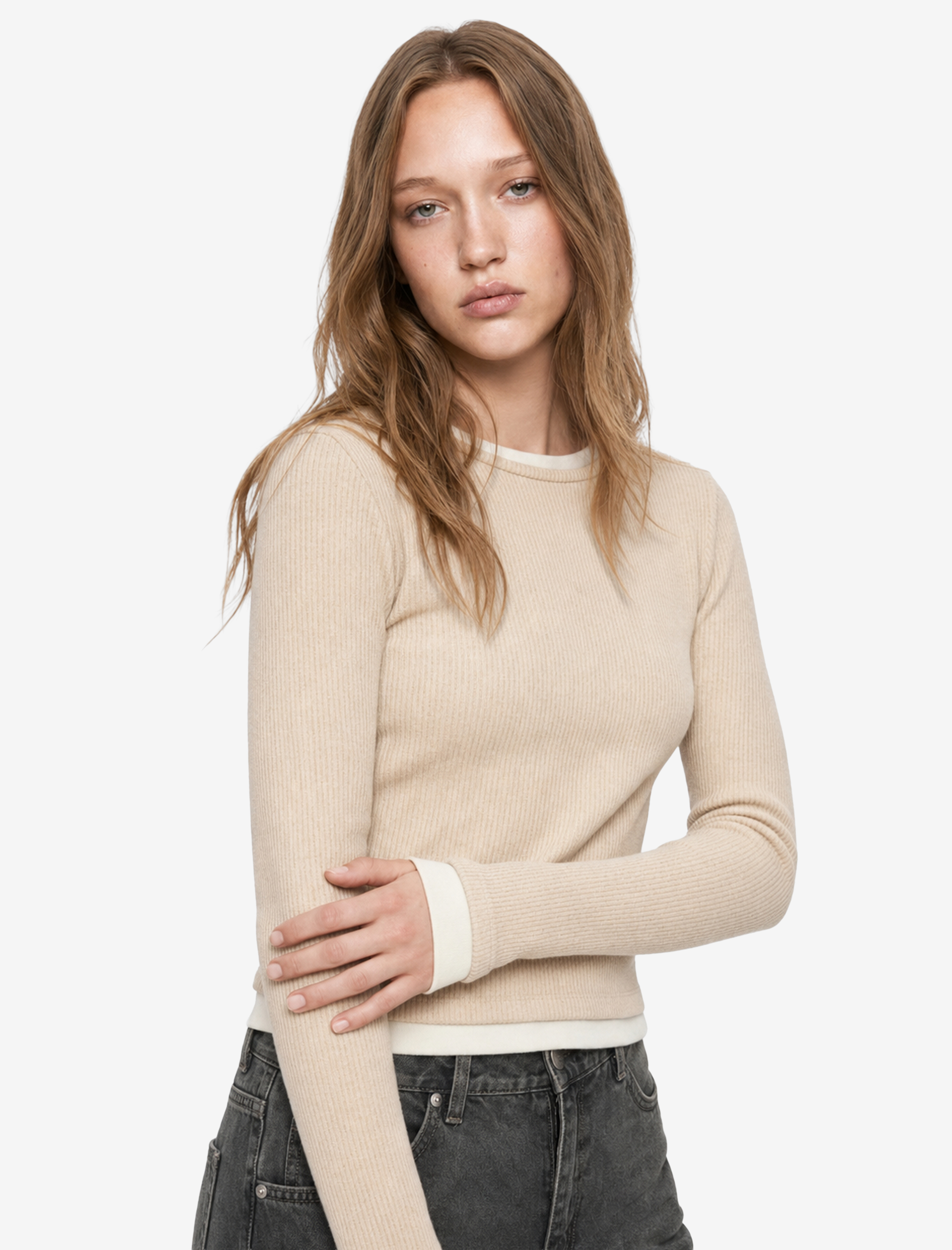   Slim Fit Bisiklet Yaka Viskon Karışımlı Uzun Kollu Tişört