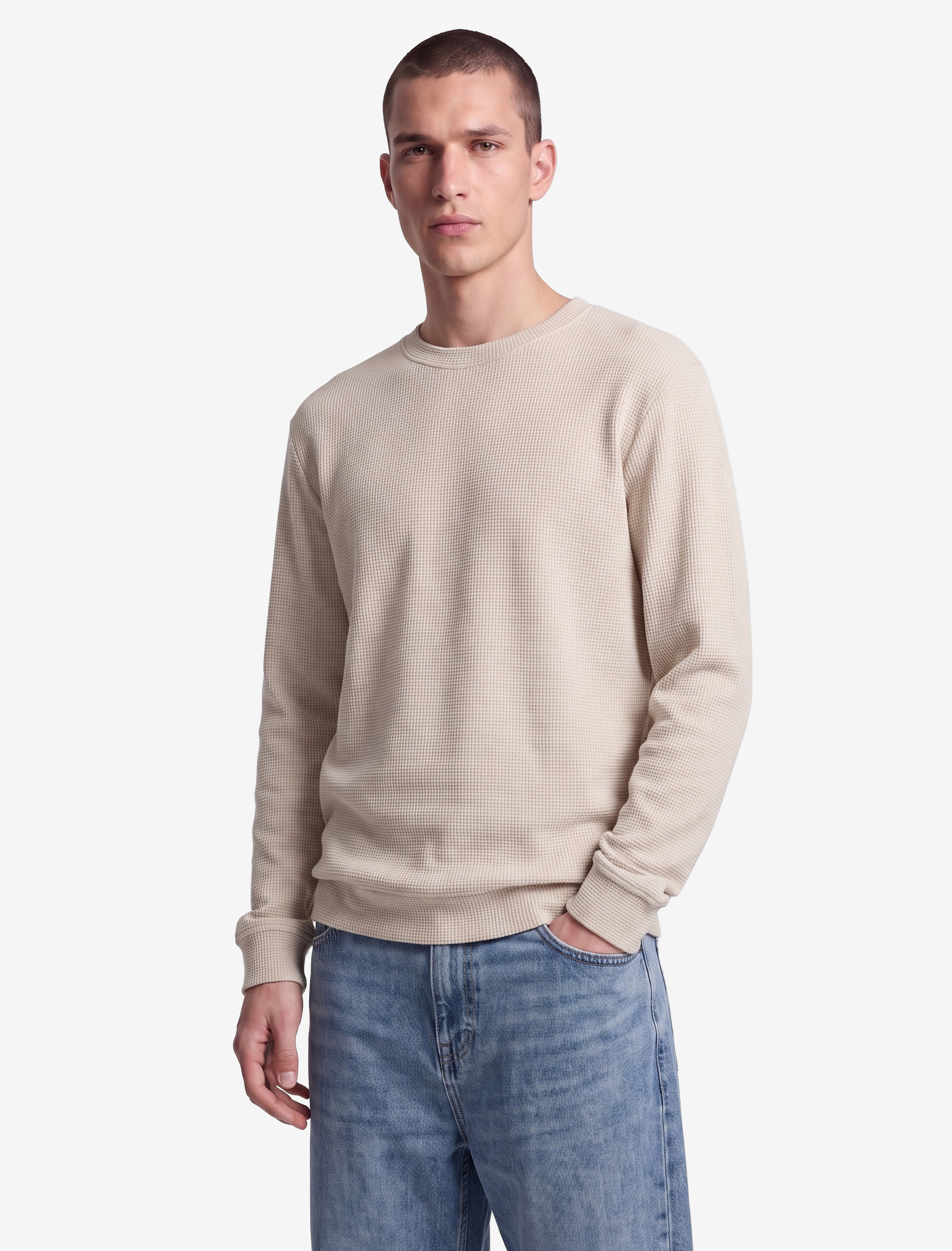   Pamuklu Uzun Kollu Dokulu Basic Bisiklet Yaka Sweatshirt