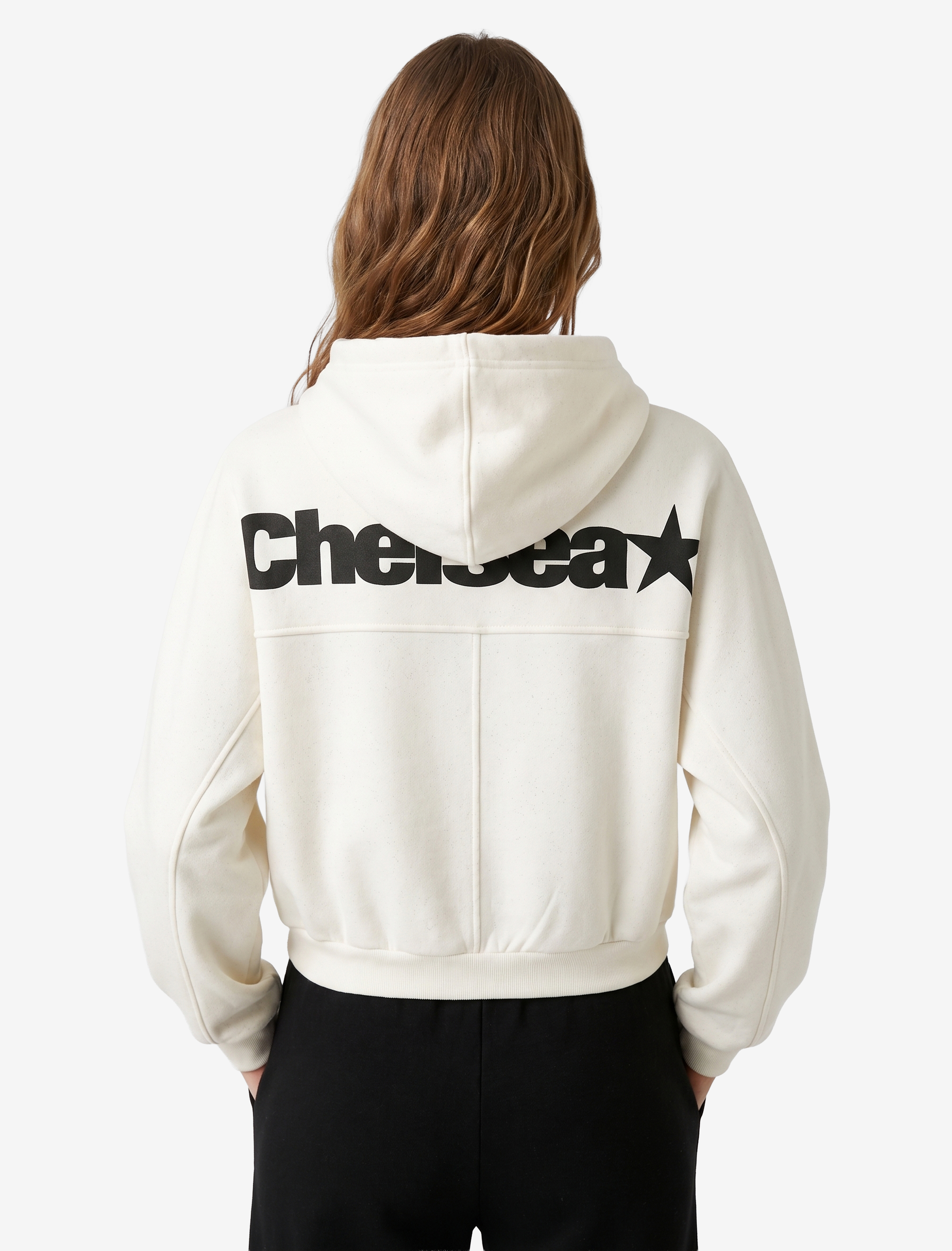   Şardonlu Kanguru Cepli Arkası Baskılı Cepli Simli Kapüşonlu Fermuarlı Crop Sweatshirt
