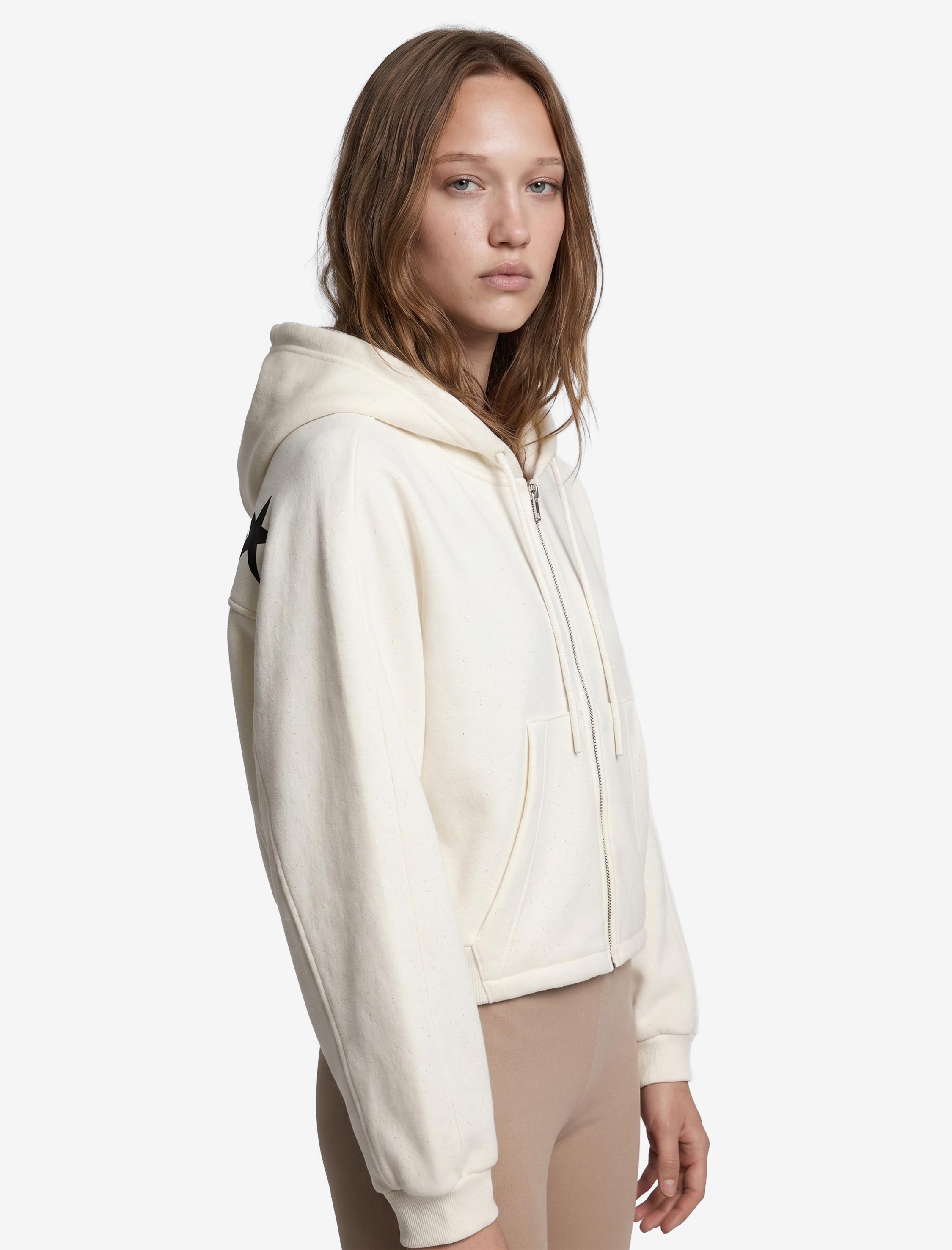   Şardonlu Kanguru Cepli Arkası Baskılı Cepli Simli Kapüşonlu Fermuarlı Crop Sweatshirt