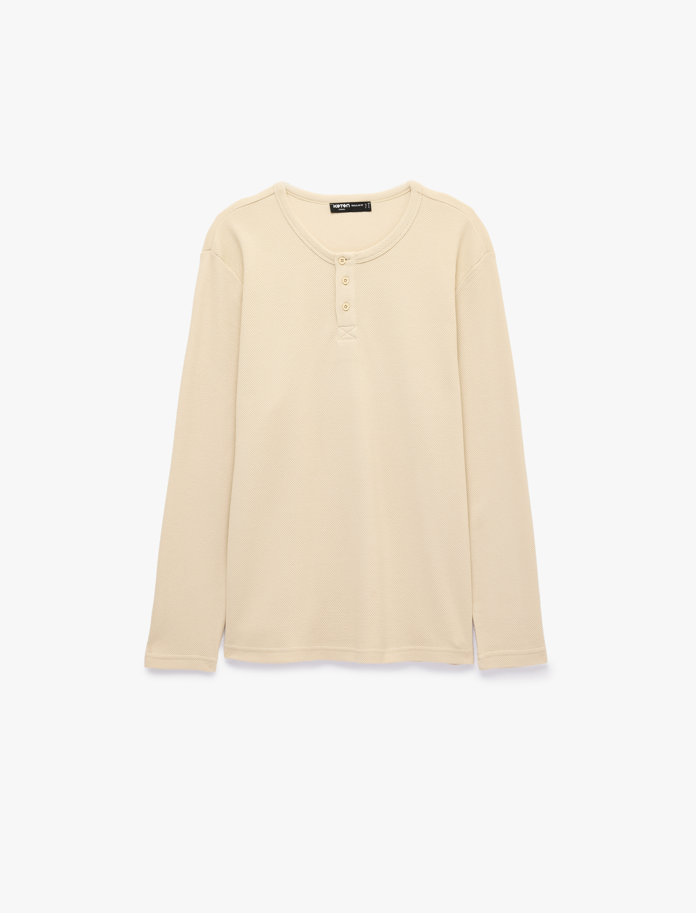   Pamuklu Uzun Kollu Pike Kumaş Düğmeli Henley Yaka Sweatshirt