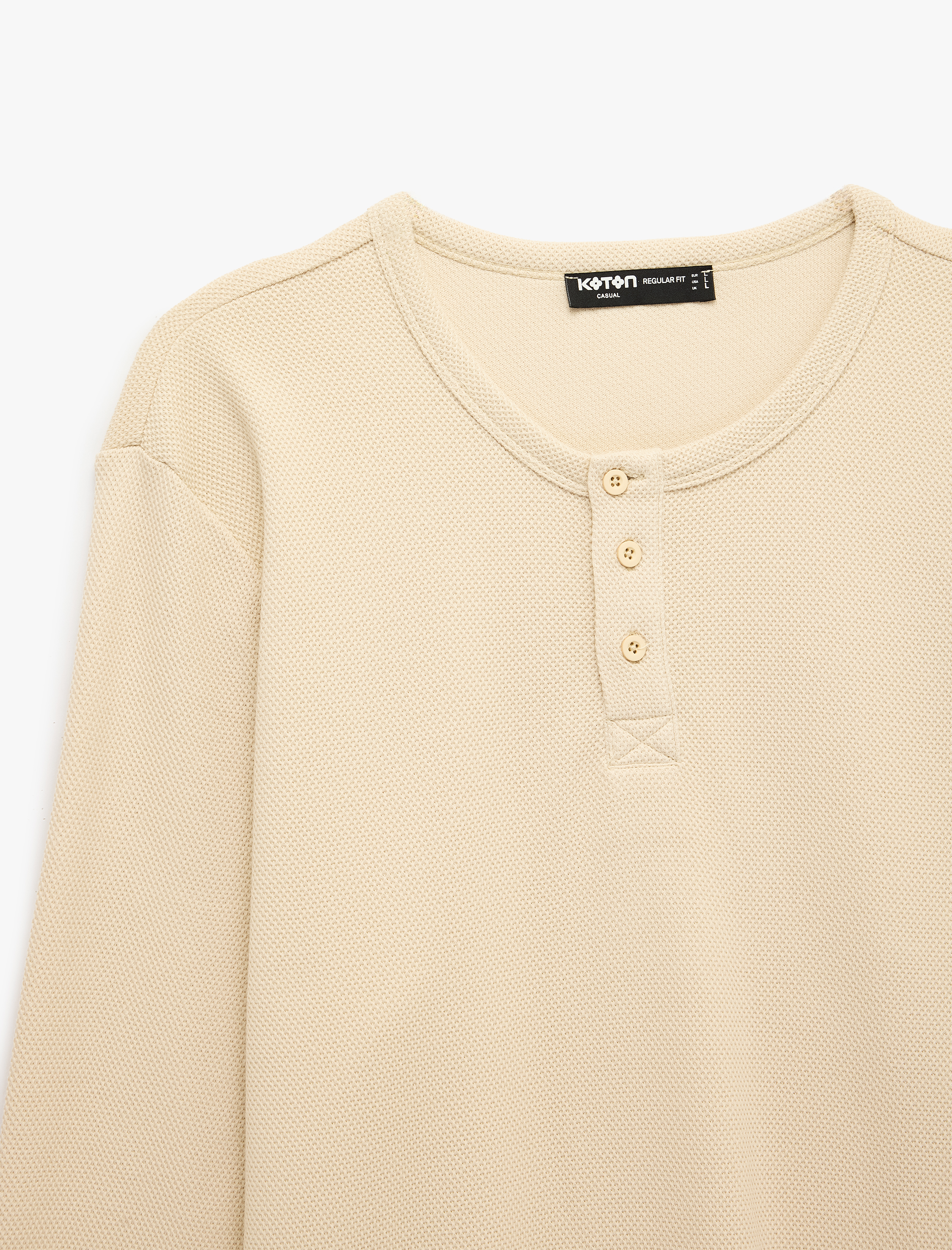   Pamuklu Uzun Kollu Pike Kumaş Düğmeli Henley Yaka Sweatshirt