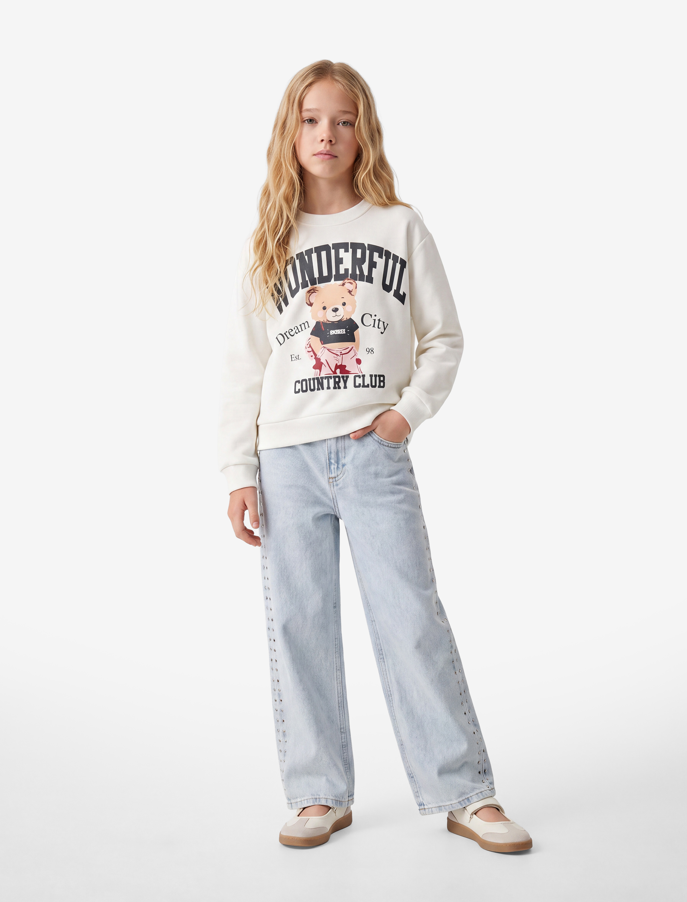  Kız Çocuk Uzun Kollu Bisiklet Yaka Şardonlu Ayıcık Baskılı Sweatshirt