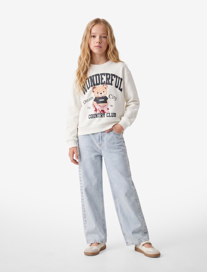 Kız Çocuk Uzun Kollu Bisiklet Yaka Şardonlu Ayıcık Baskılı Sweatshirt