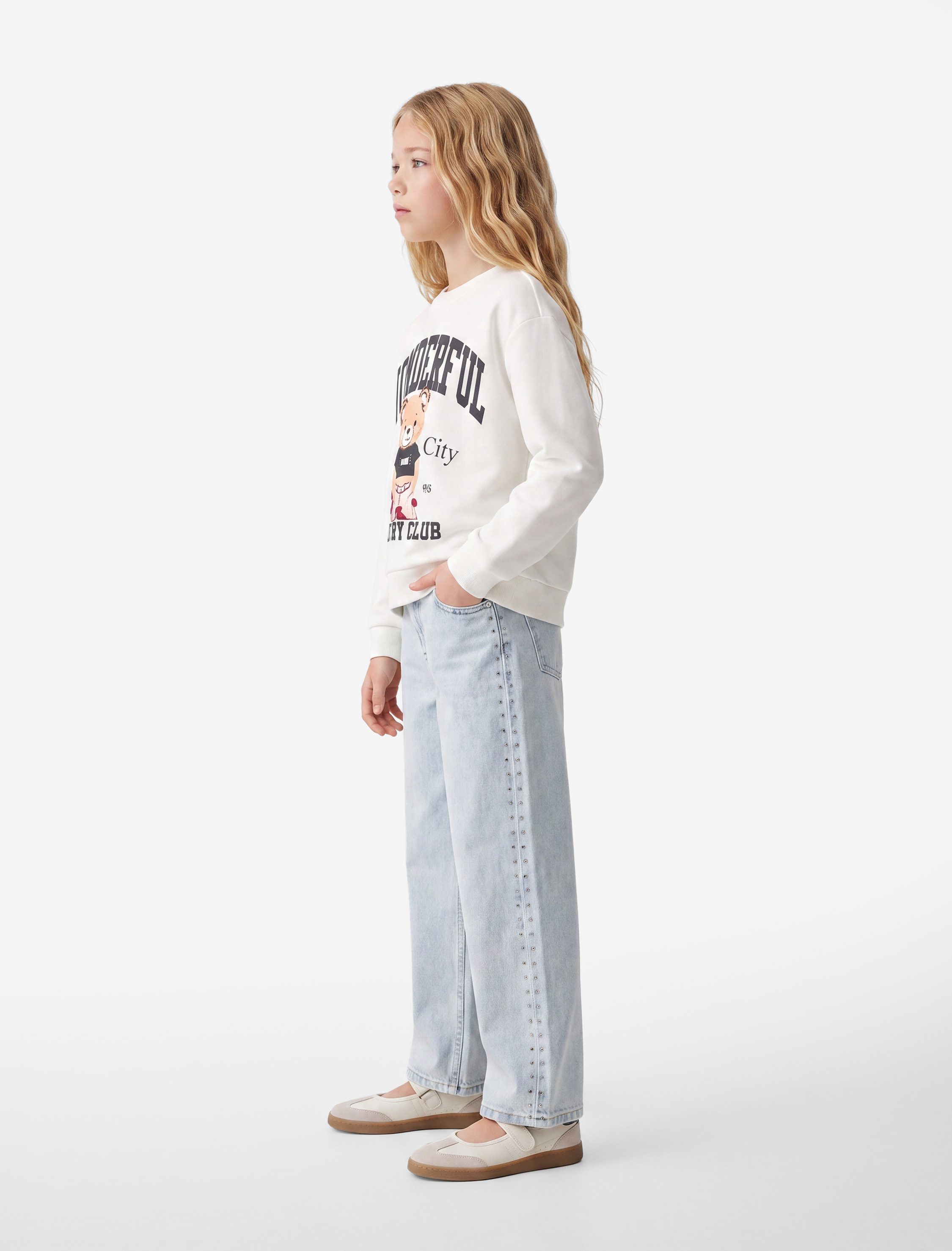  Kız Çocuk Uzun Kollu Bisiklet Yaka Şardonlu Ayıcık Baskılı Sweatshirt