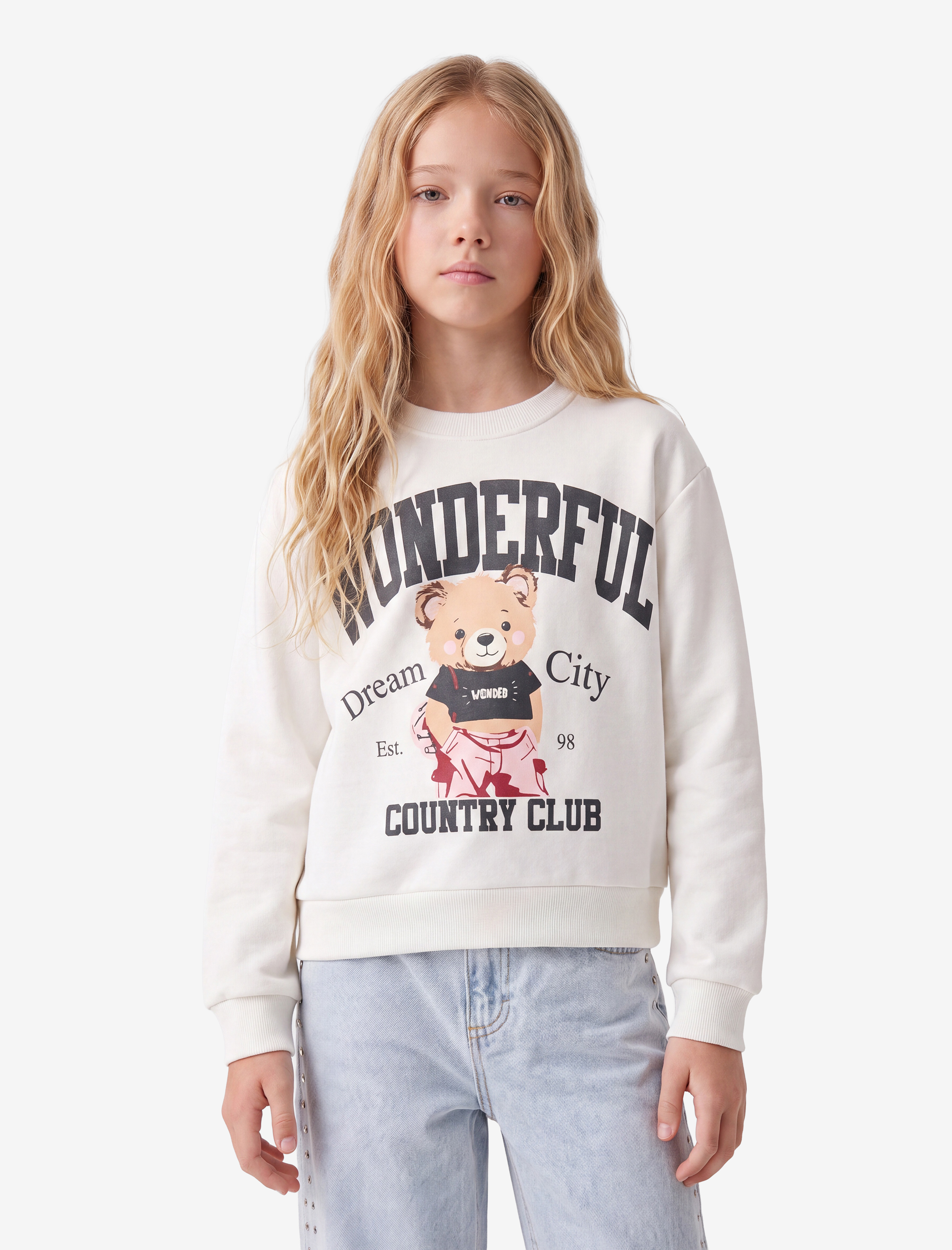  Kız Çocuk Uzun Kollu Bisiklet Yaka Şardonlu Ayıcık Baskılı Sweatshirt