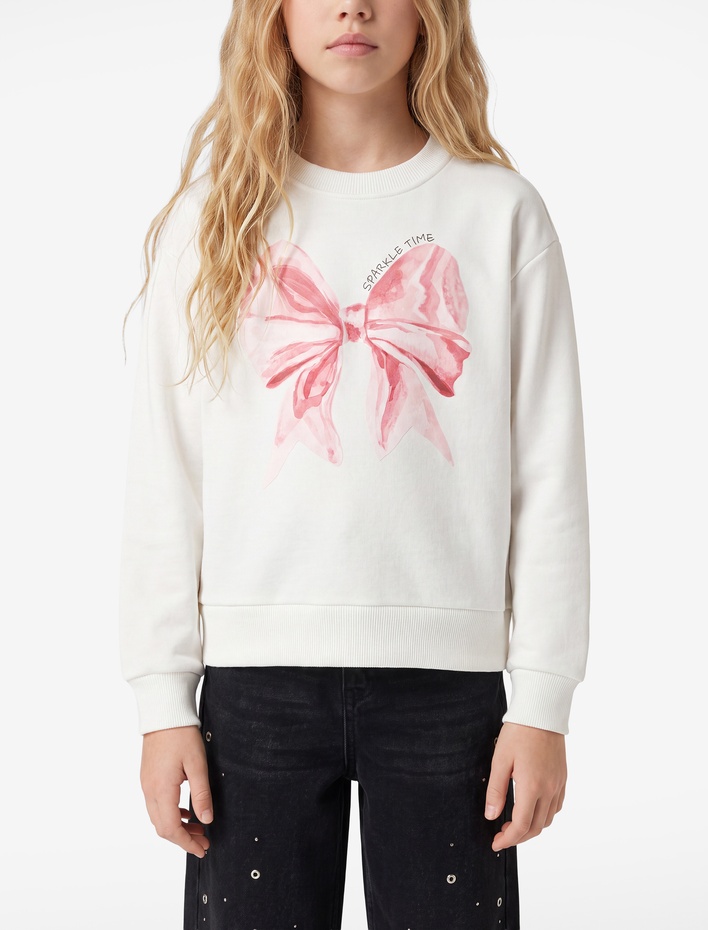 Kız Çocuk Uzun Kollu Bisiklet Yaka Şardonlu Fiyonk Baskılı Sweatshirt