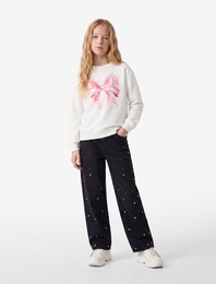 Uzun Kollu Bisiklet Yaka Şardonlu Fiyonk Baskılı Sweatshirt