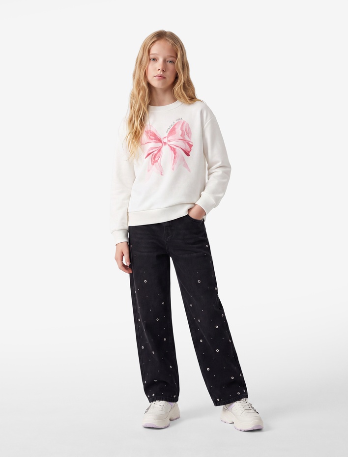 Kız Çocuk Uzun Kollu Bisiklet Yaka Şardonlu Fiyonk Baskılı Sweatshirt